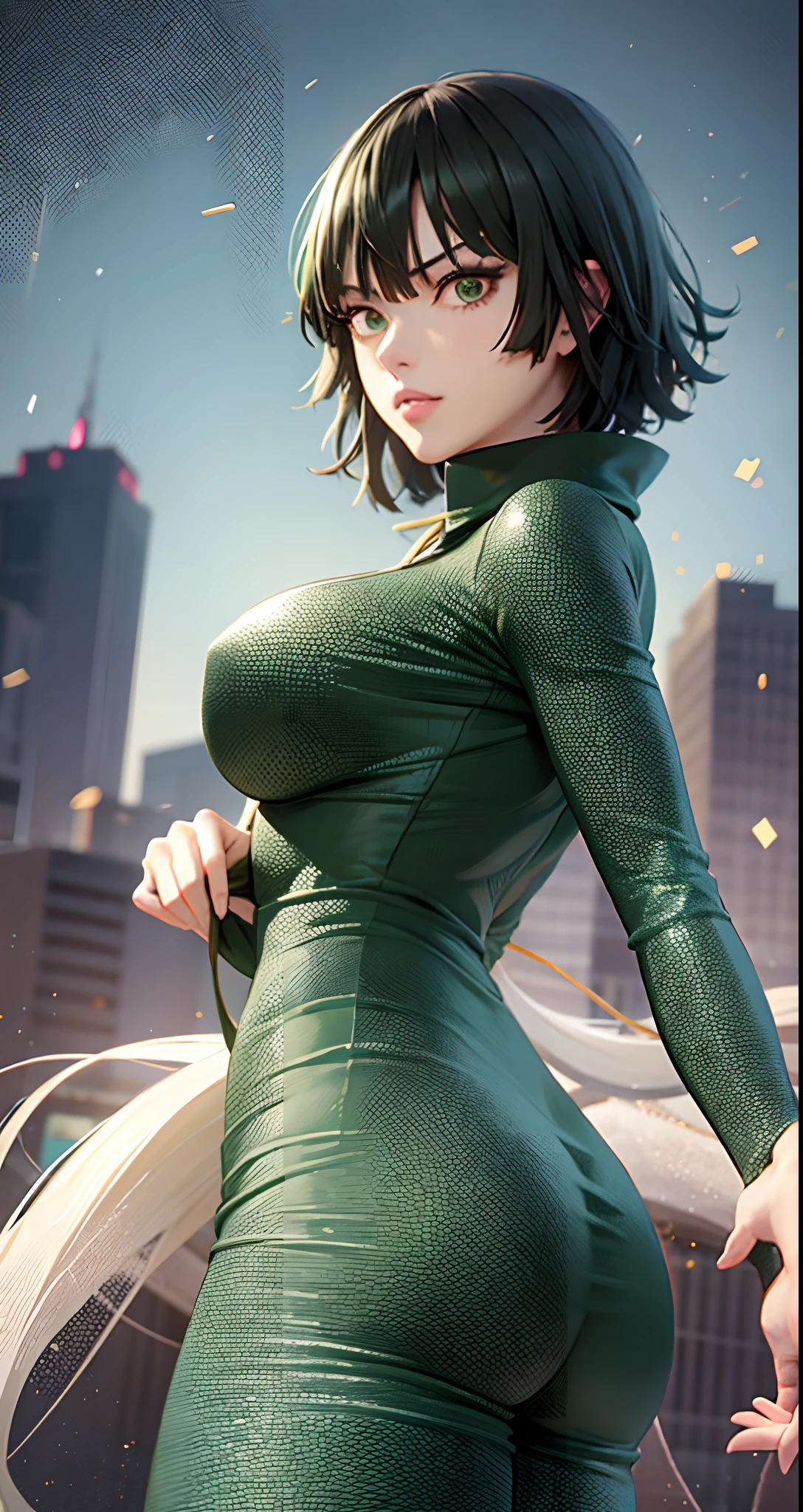 Una mujer con un vestido verde muy ajustado sentada en una repisa,fubuki de One Punch Man, Hermosa chica de anime en cuclillas, Fubuki, Thicc, Ella lleva un vestido verde oscuro, fubuki, peeping from behind, Postura de la espalda, Full growth from behind, Growing from behind, seductora chica de anime, Anime woman,big buttocks,big thighs