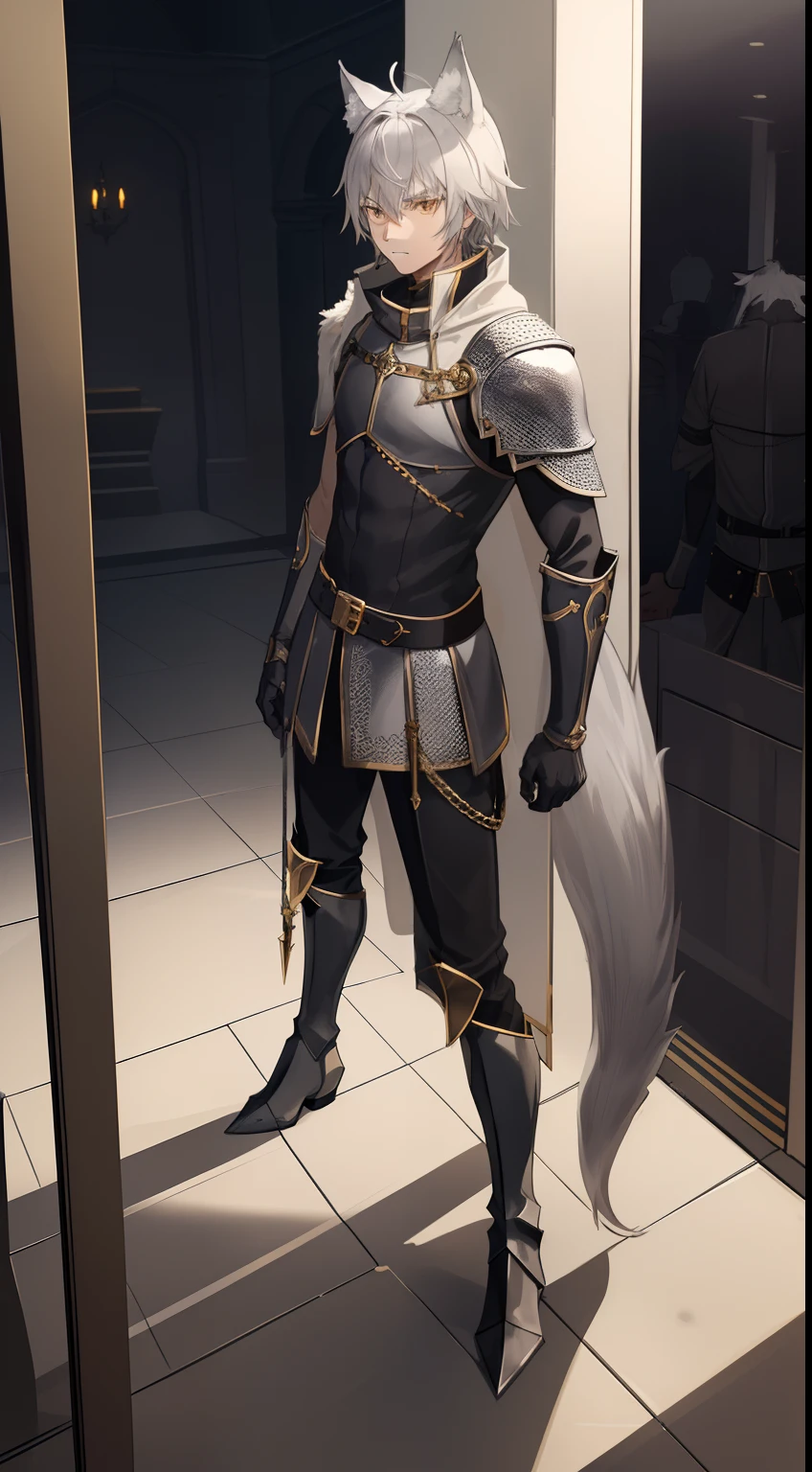 1boy,solo,gray hair, templar golden knight outfit, gray long chainmail skirt, wolf ears, wolf tail, black long boots, serious face, masterpiece, HD, vibrant,night,