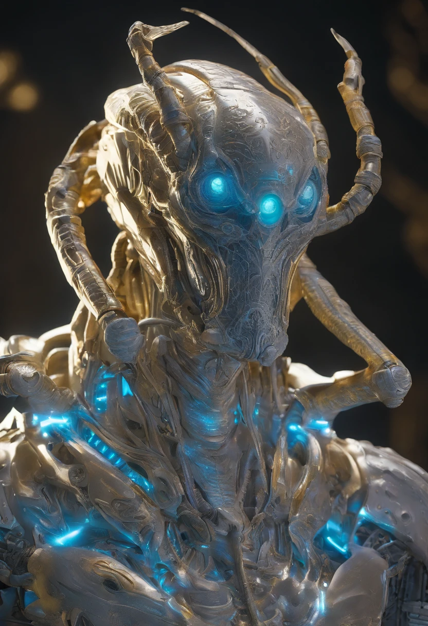 The whole body is made of white sodium oxide and yellowish sodium peroxide，Shell armor is formed，Light blue silica crystals grow on the body，The upper body is a white and yellowish human figure，The lower body is gyro-shaped，The fuselage is covered with a yellow sodium metal flame