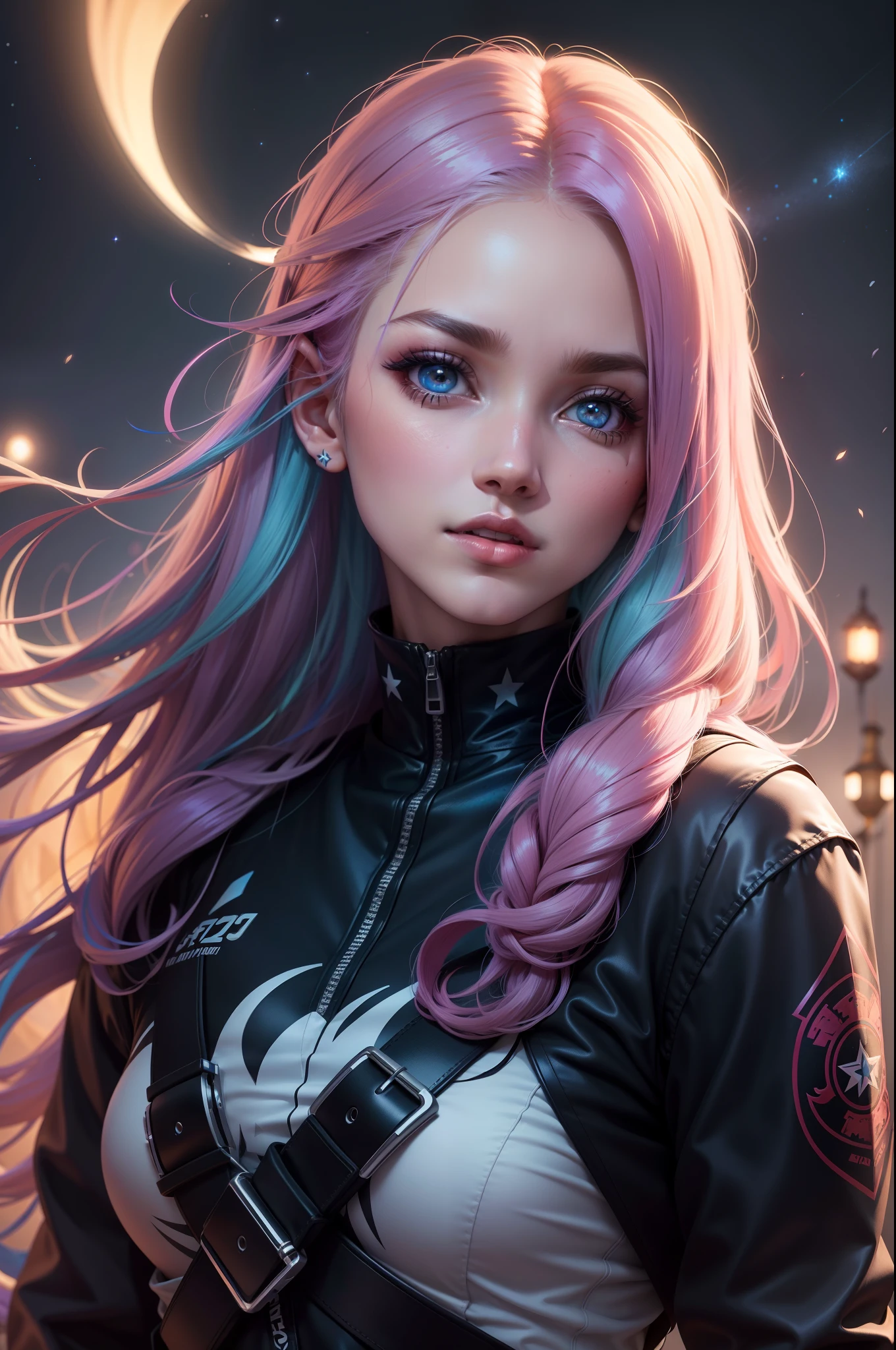Mulher ninja com fone de ouvido sentido paz, olhos brilhantes com estrela, rosto bonito, cores RGB, cabelo rosa brilhante, colorido anime, fundo brilhante, Banner for youtube video, menina feliz, nuvens com cores RGB, cores RGB brilhantes, completo, ser celestial, garota gamer.