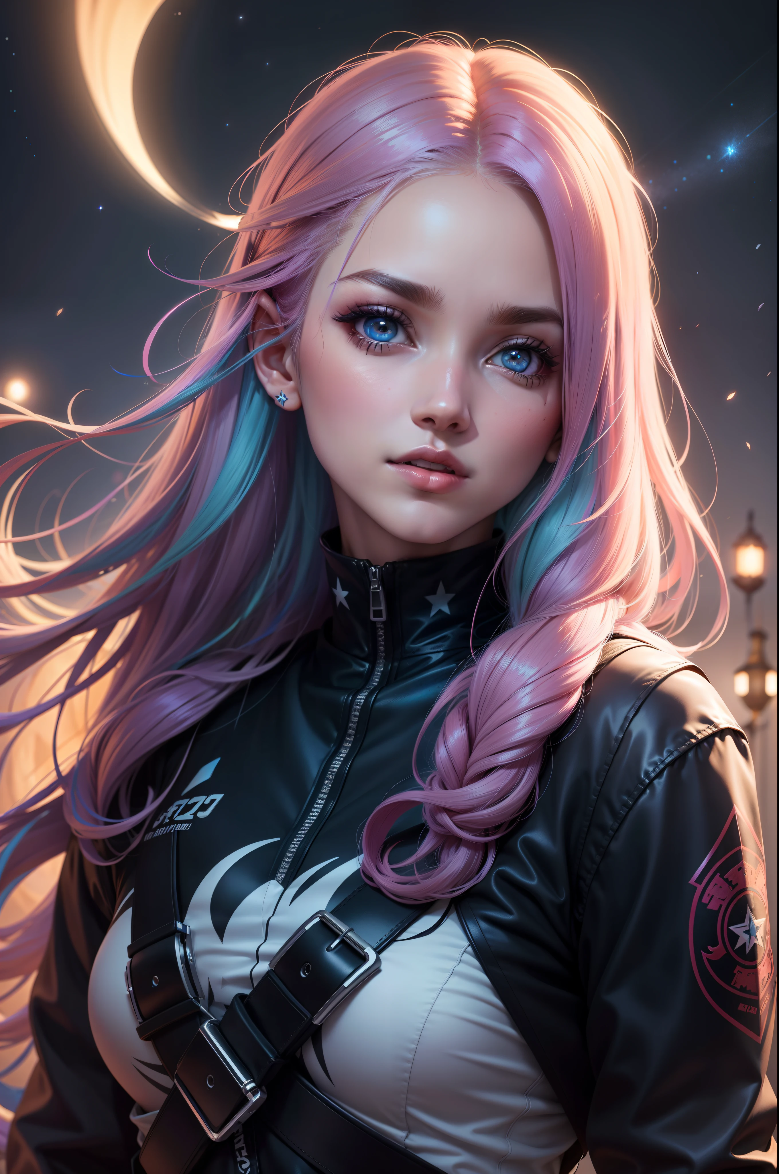Mulher ninja com fone de ouvido sentido paz, olhos brilhantes com estrela, rosto bonito, cores RGB, cabelo rosa brilhante, colorido anime, fundo brilhante, Banner for youtube video, feliz, nuvens com cores RGB, cores RGB brilhantes, completo, ser celestial, garota gamer.