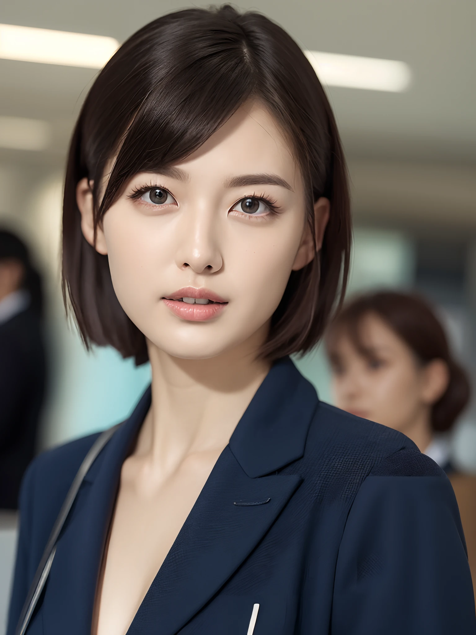 32k, raw photo, best quality, realistic, photorealistic:1.2, ultra detailed, BREAK,, 1girl:1.2, solo:1.2, 22yo:1.3, cabin crew, flight attendant, standing, in airport, clear and beautiful, Perfect face, Detailed eyes, Black hair, short hair, Huge breasts:1.4, Narrow waist, (stewardess), cleavage:1.4, realistic human skin, skin texture, looking at viewer, light on face, bokeh, (perfect body shape), (slim), full body, realistic skin texture