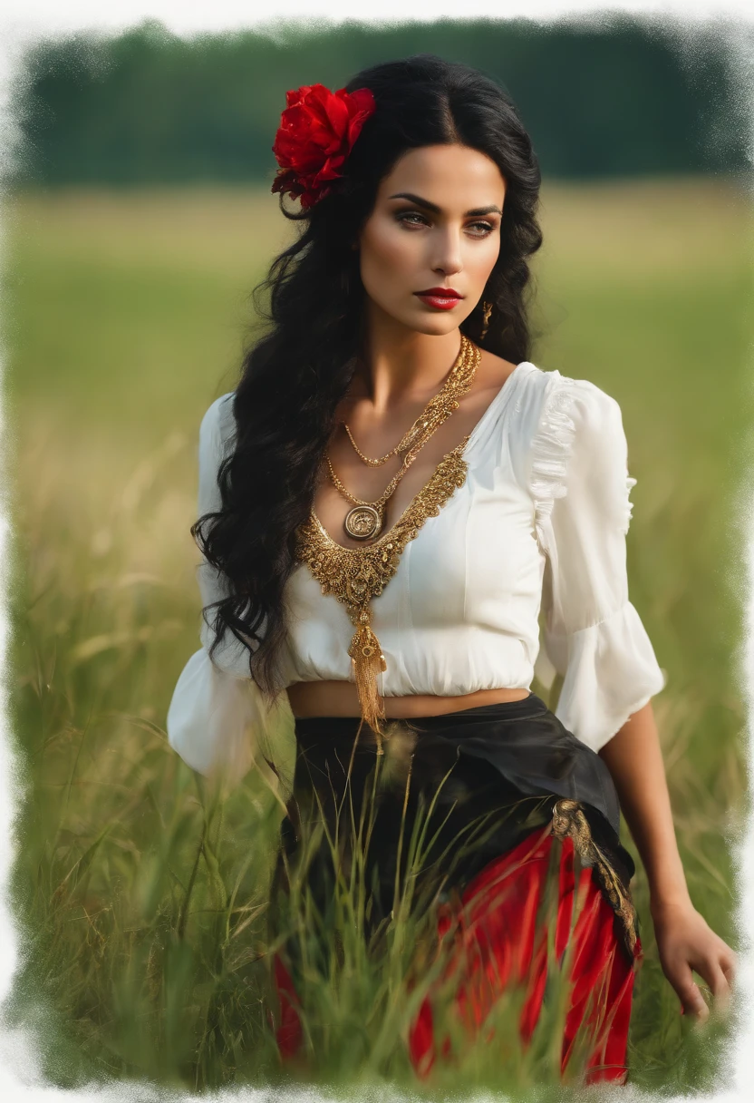 A gypsy with green eyes black hair, white blouse with gold medals and red skirt with ruffles, seashell necklaces, walking in green grassy field