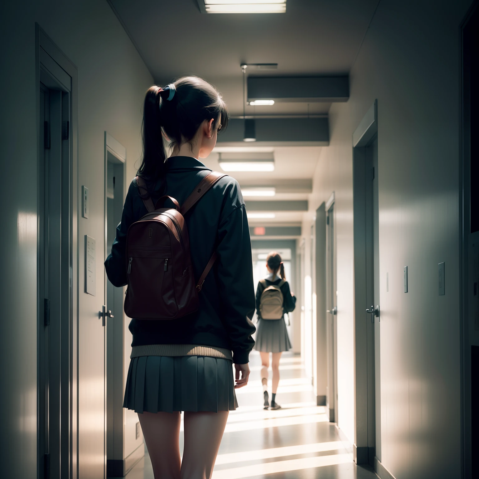 In the hallways of the school，A dark-haired girl with a ponytail，Behind him stood a ghost