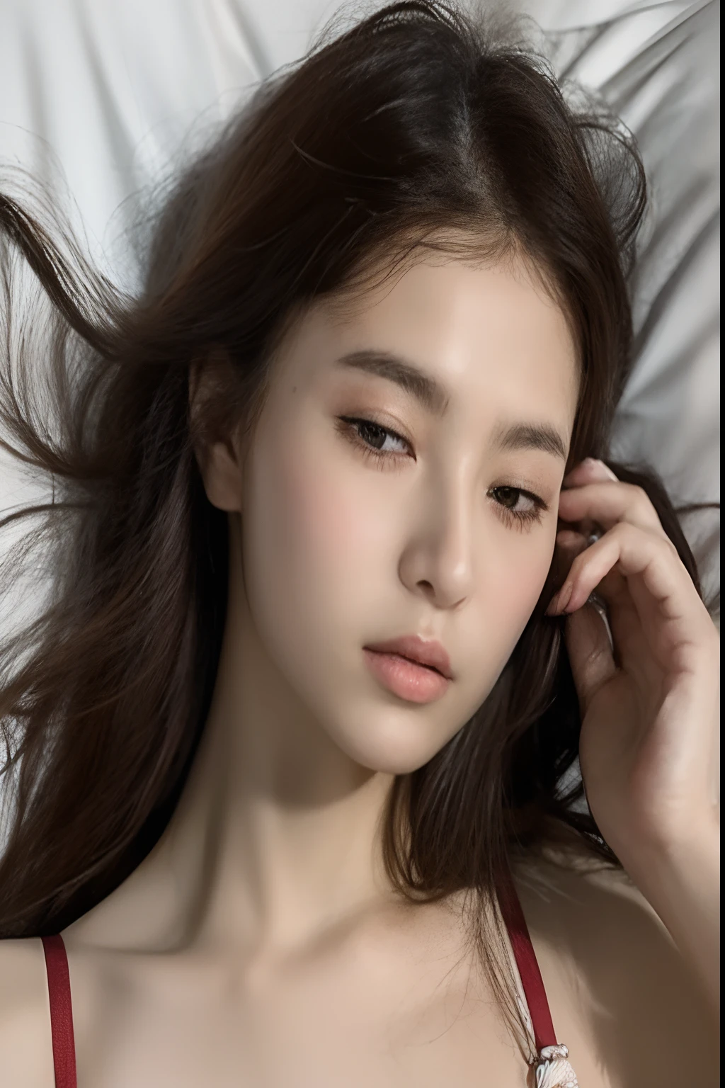 (Photorealistic: 1.2, With the highest quality, in 8K,Wetty:1.3 ), ( 20yr old, K-pop idols、 Sweat: 1.2, Wet:1.3、cleavage of the breast、large boob:1.5、Brown hair), Fine skin, (Film Lighting), Soft light, double eyelids quote、A sexy、Realistic nipples、Realistic、pheromone、laying down on the bed))(1girl in)、huge udder、sun burn、Expose muscles、Sweat 、hposing Gravure Idol