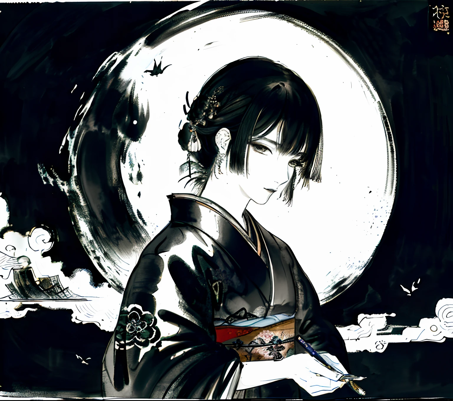 pintura a tinta chinesa tradicional, escritor masculino escrevendo com um pincel de caligrafia japonesa em estilo anime, sumie, ink, inking painting, kimono masculino,