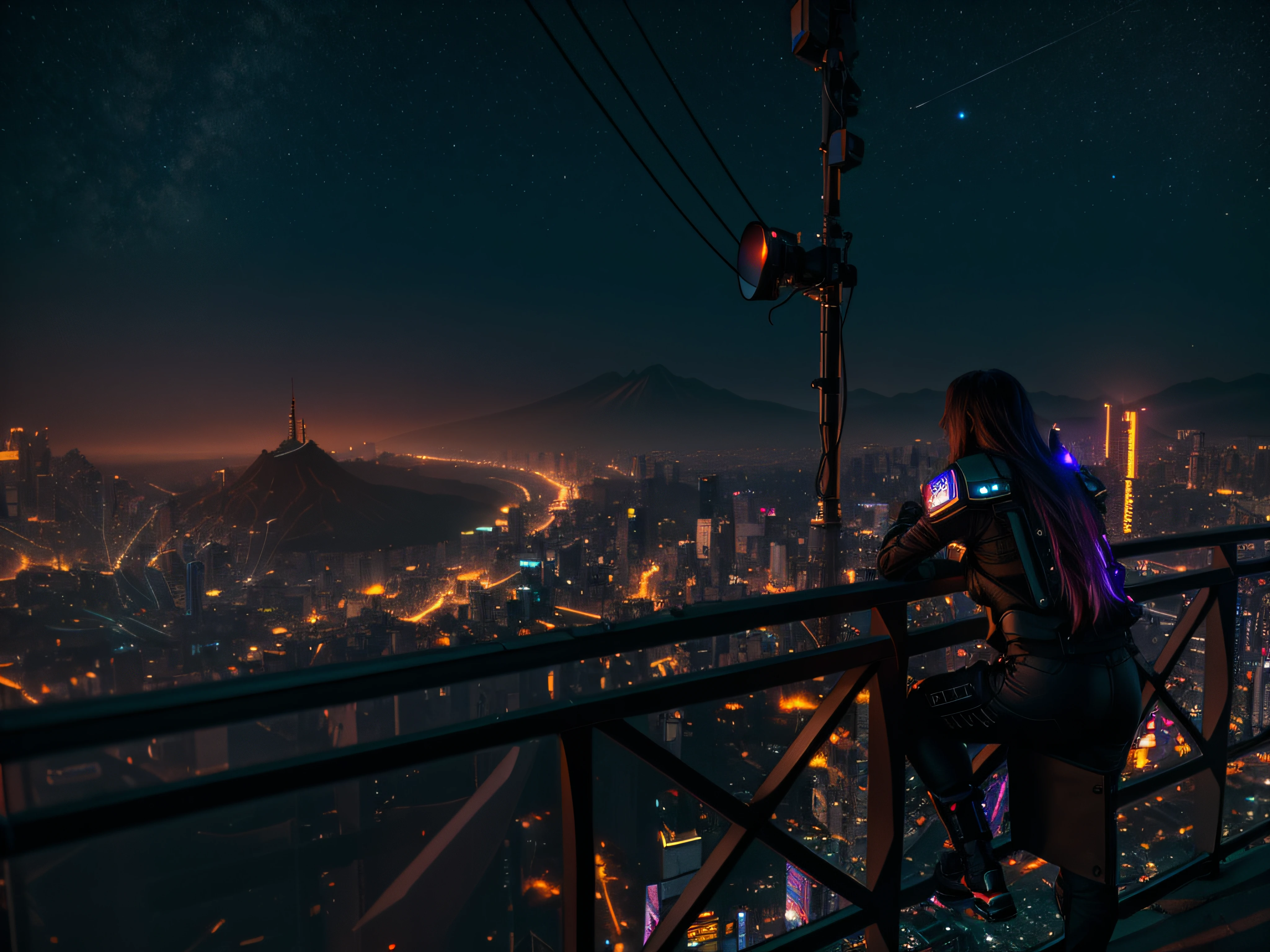 best quality, master part, Altas, homem olhando para a vista de uma metropole cyberpunk de um mirante, , Efeito Tyndall,fotorrealista, Dark Studio, Rim lighting, dual-tone lighting,(pele altamente detalhada:1.2), 8k UHD, DSLR, soft lighting, alta qualidade, Volumetric lighting, candid, fotografia, high resolution, 4k, 8k, Bokeh