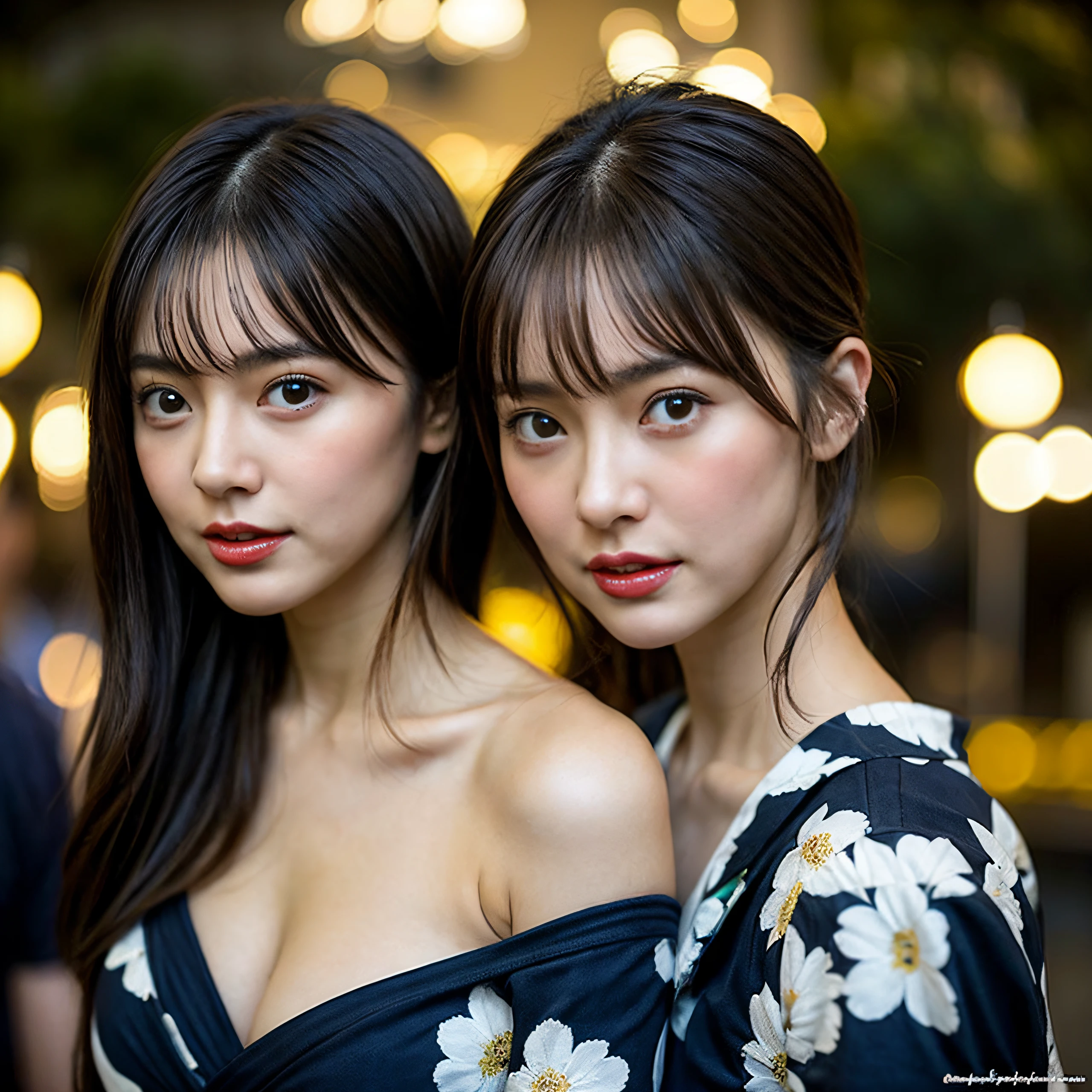 1 beautiful mature woman, Finest beauties, Open mouth slightly, Realistic, extremely details CG, ighly detailed, High-definition raw color photos, professional photograpy, Realistic portrait, Cinematic Light, Bare shoulders, Floral yukata with wide open chest:、Night festival, Staring at me, Super Detail, hightquality, high-level image quality、masutepiece,