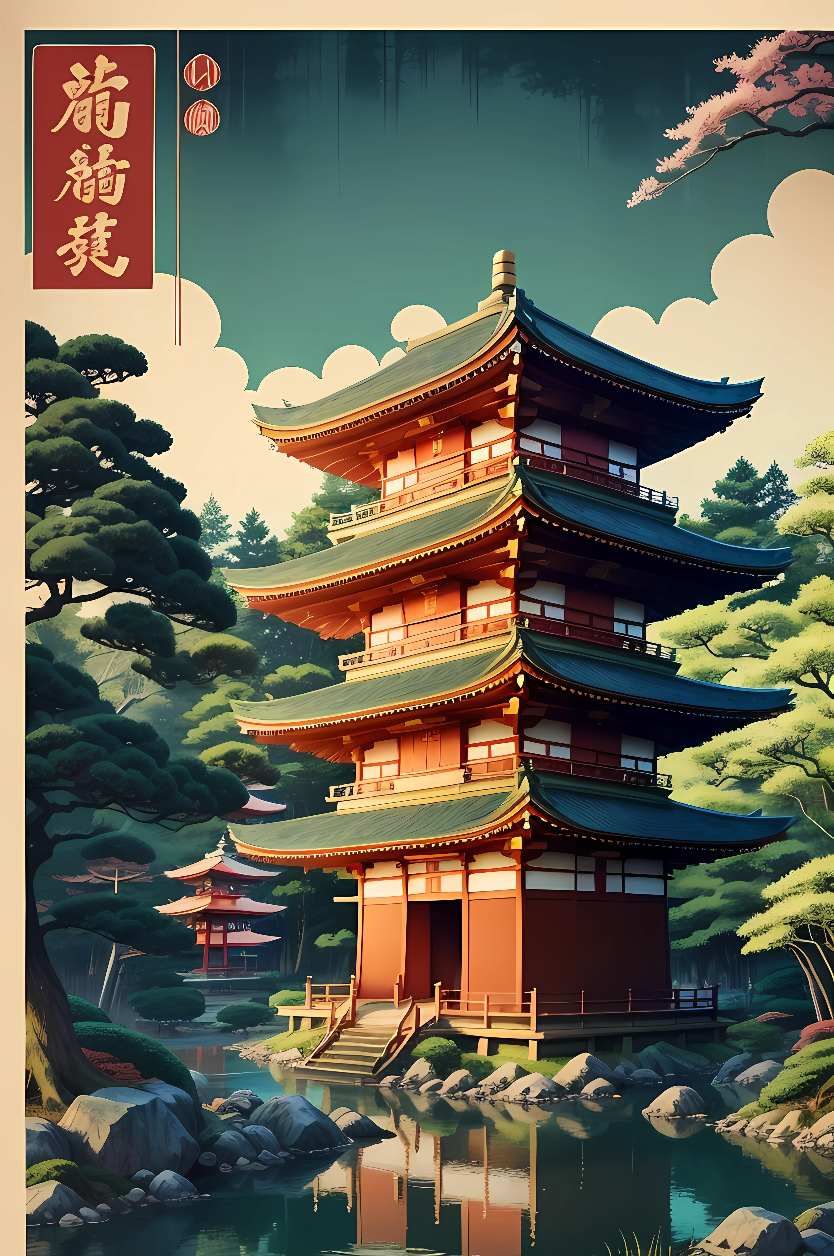 a poster of a pagoda in the middle of a forest, japanese art style, japanese inspired poster, studio ghibli and dan mumford, japan poster, eastern art style, kyoto inspired, inspired by Torii Kiyomasu, inspired by Yoshida Hanbei, inspired by Torii Kiyomitsu, inspired by Utagawa Hiroshige II