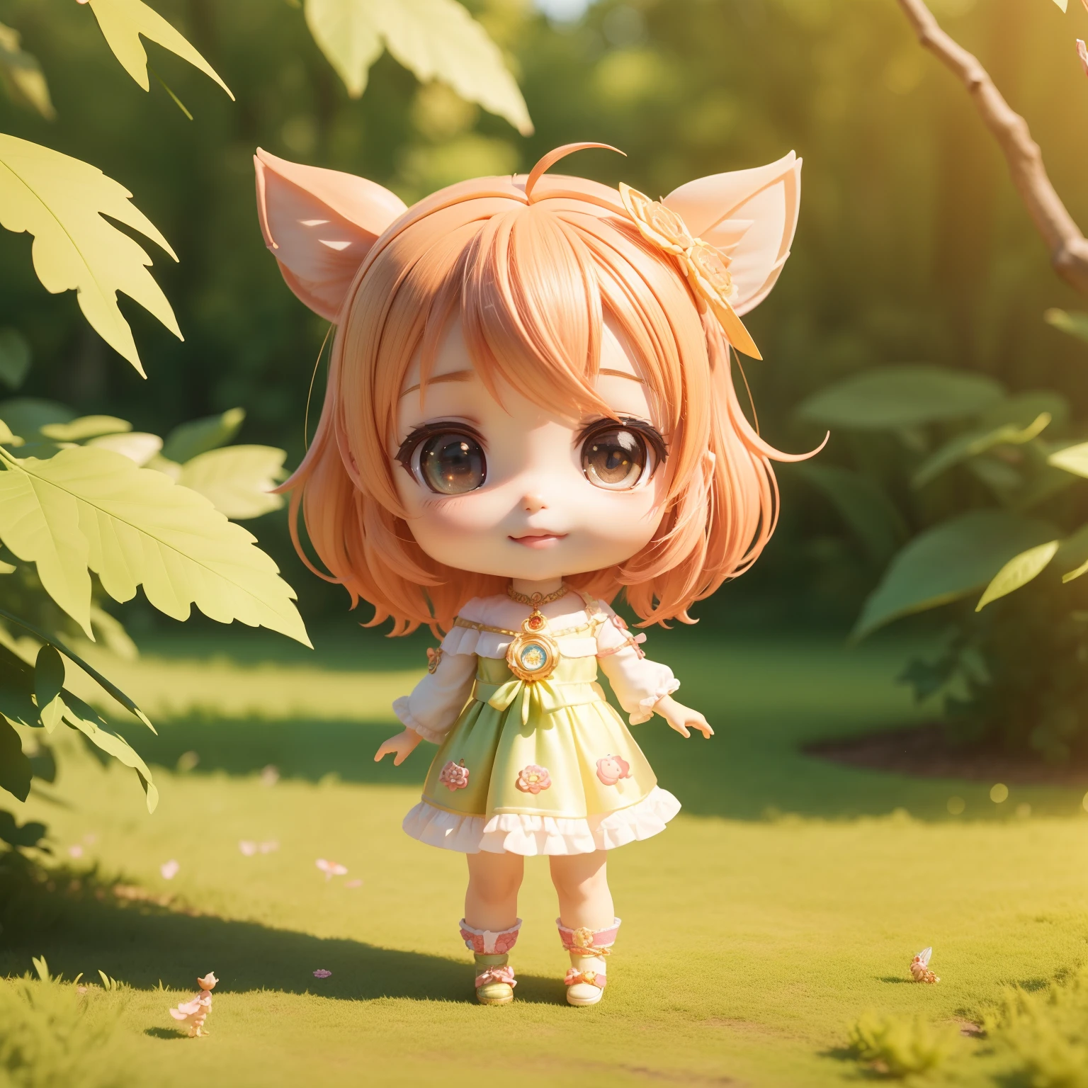 Cute Baby Chibi Anime,(((chibi 3d))) (Best Quality) (Master Price)、Chibi Fairy、sprawl、Open your mouth and smile、Standing、A detailed face、Fairytale autumn forest in the morning sunshine、Small face、Jewelry Decoration Costumes