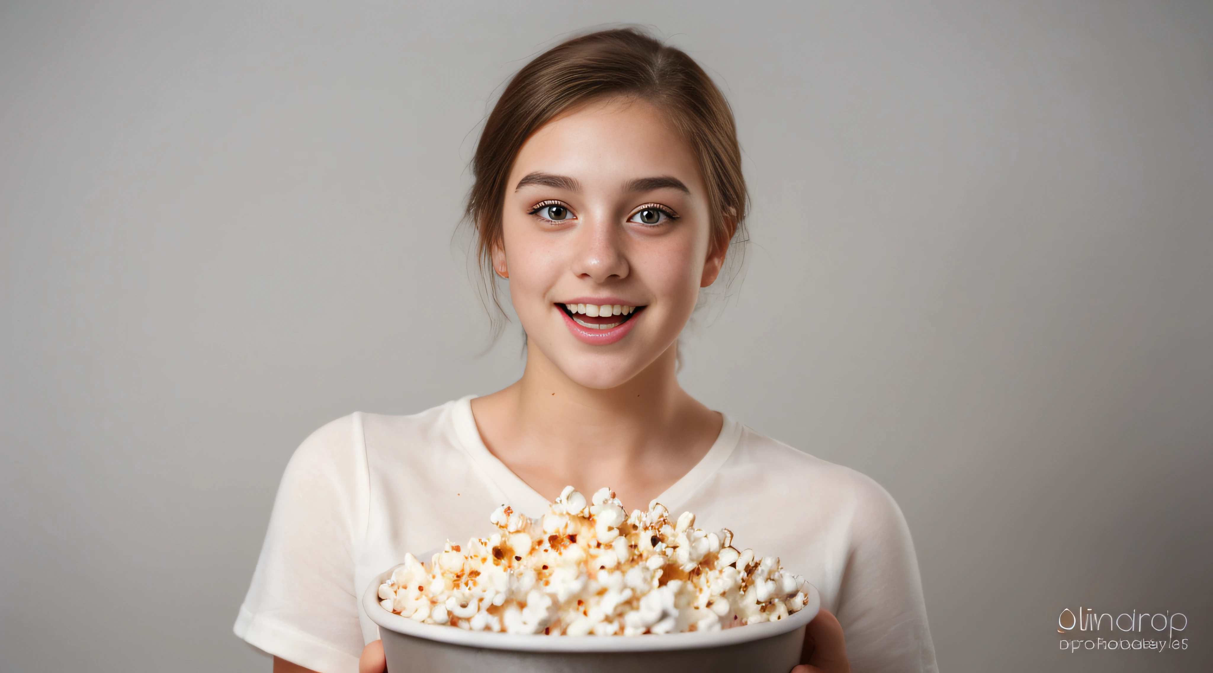 a beautiful young woman, happy and surprised, looking at the camera, holding a large movie popcorn, white solid background, freckles, dark makeup, hyper detailed photography, soft light, head and breast portrait, cover,, best quality, (detailed beautiful face, detail skin texture, ultra-detailed body:1.1) brown hair, hazel eyes 18 year old age girl