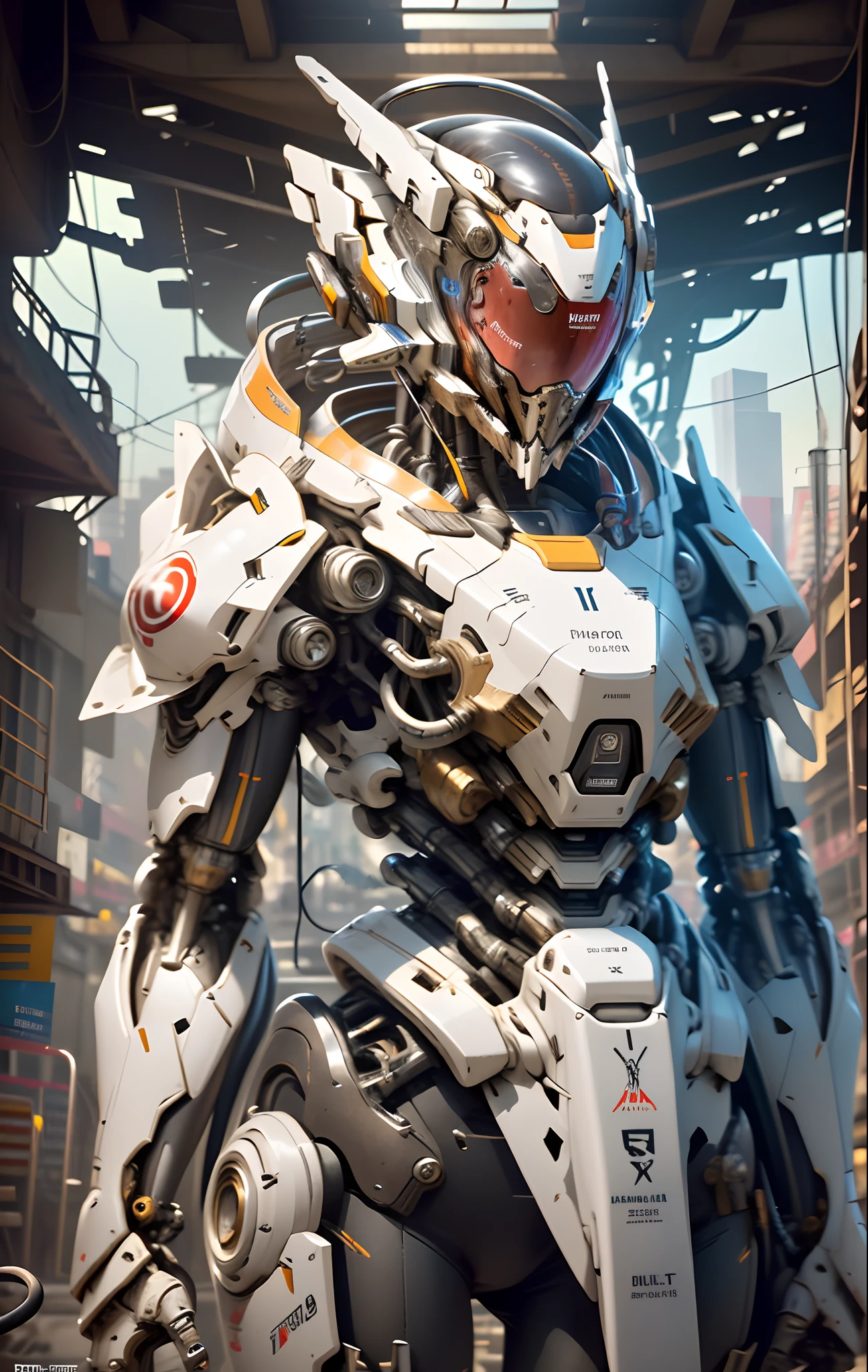 1 woman inside a huge bulky exoskeleton robot , ((bulky)) armor, mecha,
ink, clean lines, negative space, high contrast, gradient color,(((masterpiece))), ((best quality)), (ultra-detailed), (CG illustration), (an extremely devious and beautiful)), cinematic light, ((mechanical girl)), single, (machine-made joints: 1.4), ((mechanical limbs)), ( blood vessels attached to the tube), ((mechanical cervical vertebrae attached to the neck), (wires and cables attached to the head and body: 1.5), city ruin scenery