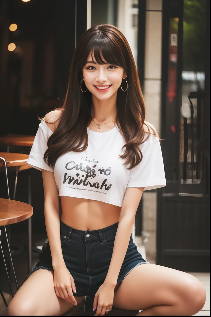 Wearing the sexiest t-shirt and miniskirt in the world,Z Cup Big,Sculpture model attracts, (1girl in:1.3)、photos realistic、Photorealsitic:1.4 Official art、ultra-detailliert、Beautiful and aesthetic、Beautiful fece、masterpiece、top-quality、sitted、Spread your legs、Colossal tits、(barechested)、Beautiful skin、The cutest earrings in the world、Cute smile、At the cutest café in the world、The cutest gravure idol pose in the world、The most attractive body in the world