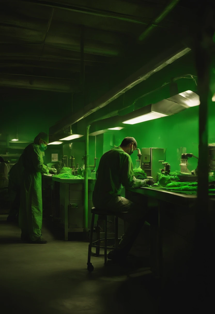 People working in a factory, dirty of glowing green paint and with their bones appearing like x-ray