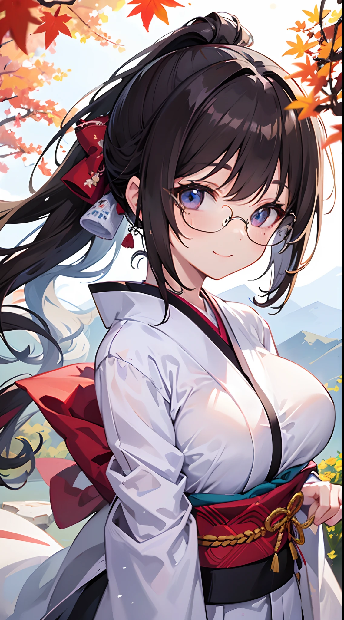 ((masterpiece)), ((best quality)), (ultra-detailed), ((kawaii)), cute, (lovely), ((extremely detailed)), 4K, (8K), best quality, (beautiful), anime style, upper body, full body focus, mountain, daytime, autumn, a cute girl, 1girl, solo, kimono, japanese cloth, beautiful light brown hair, beautiful purple eyes, ((beautiful eyes)), white-skinned, ponytail, transparent hair, translucent hair, large breast, glasses, ribon, smile, light smile, neon light, wind effect