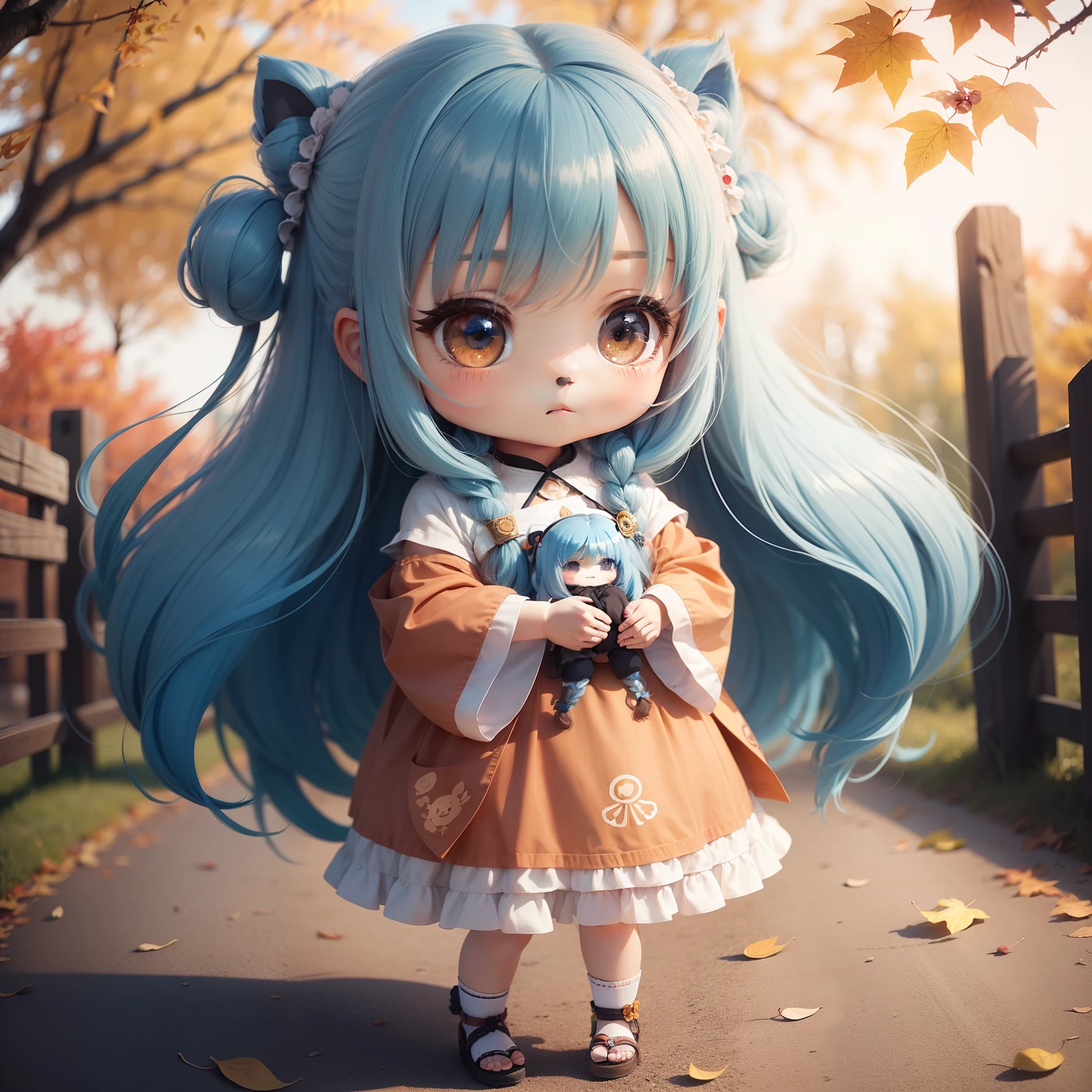 Chibichara long hair with blue hair((Chibi Chara))、Fluffy、girl with、Chibi Chara、full body Esbian、Pastel colors hair、masutepiece、top-quality、Background of autumn leaves