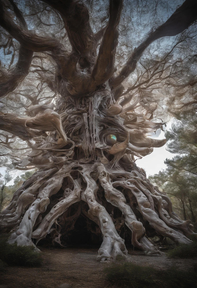 A large tree made of flesh and bones grows，There are many  eggs，There is  flowing out