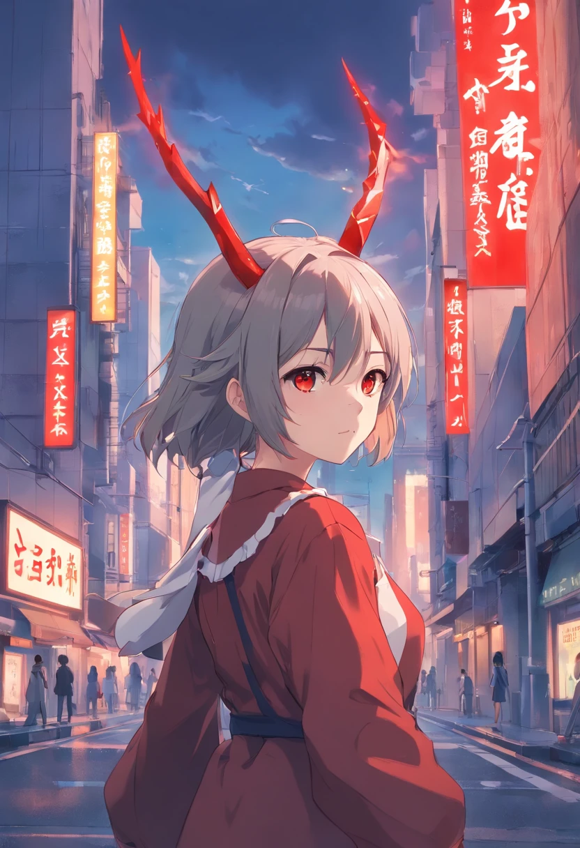 Dull hair, Gray hair,Red Eyes,Long whit hair,demonic horns,Broken maid clothes,Girl body type,Very cute,There are tears in the eyes,Behind it are the Devil's Wings,There was a little blood on his body,8K,Hands are not missing,Look into the camera,Empty eyes,Dynamic,destroyed city background