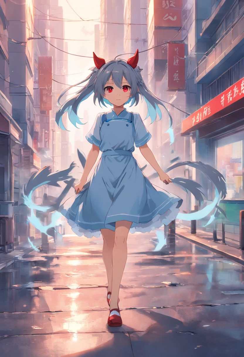 Dull hair, Gray hair，Red Eyes，Long whit hair，demonic horns，Broken maid clothes，Girl body type，Very cute，There are tears in the eyes，Behind it are the Devil's Wings，There was a little blood on his body，8K，Hands are not missing，Look into the camera，Empty eyes，Dynamic，destroyed city background