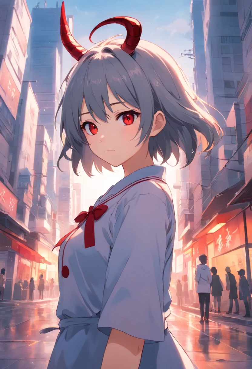 Dull hair, Gray hair,Red Eyes,Long whit hair,demonic horns,Broken maid clothes,Girl body type,Very cute,There are tears in the eyes,Behind it are the Devil's Wings,There was a little blood on his body,8K,Hands are not missing,Look into the camera,Empty eyes,Dynamic,destroyed city background