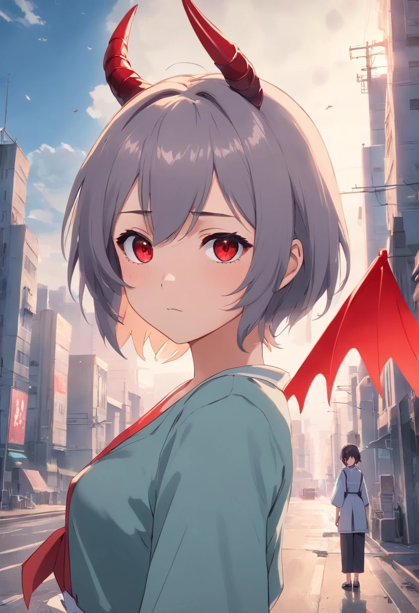 Dull hair, Gray hair,Red Eyes,Long whit hair,demonic horns,Broken maid clothes,Girl body type,Very cute,There are tears in the eyes,Behind it are the Devil's Wings,There was a little blood on his body,8K,Hands are not missing,Look into the camera,Empty eyes,Dynamic,destroyed city background