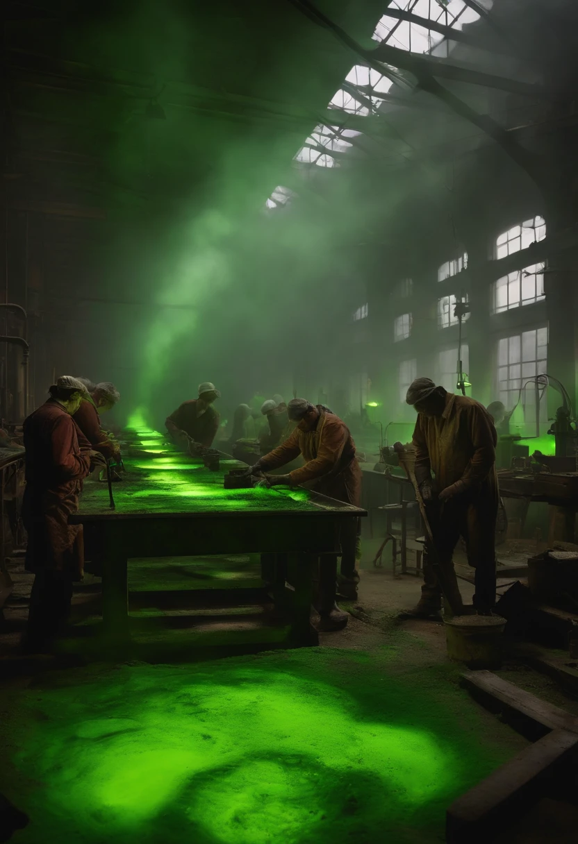 People working in an 19th century factory, dirty of glowing fluorescent green paint and you can see their bones glowing green beneath their skin