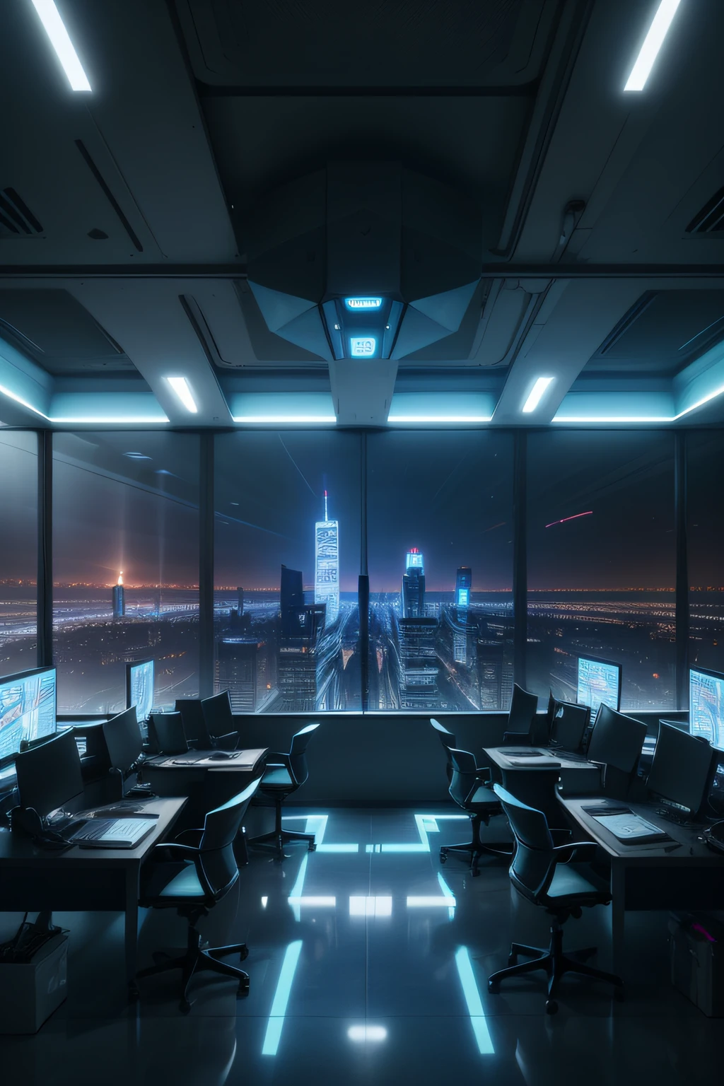 An underground research lab with reinforced steel walls and state-of-the-art equipment. Illuminated consoles and holographic displays fill the room, casting a cool, blue-tinged light. Advanced robotics and autonomous drones are stationed at various workstations. A full window at the far end of the room provides a captivating view of a futuristic cityscape. The setup allows for a talking head video to be seamlessly integrated into the foreground, with the dynamic city skyline serving as an engaging backdrop for the presentation. --ar 16:9 --v 5