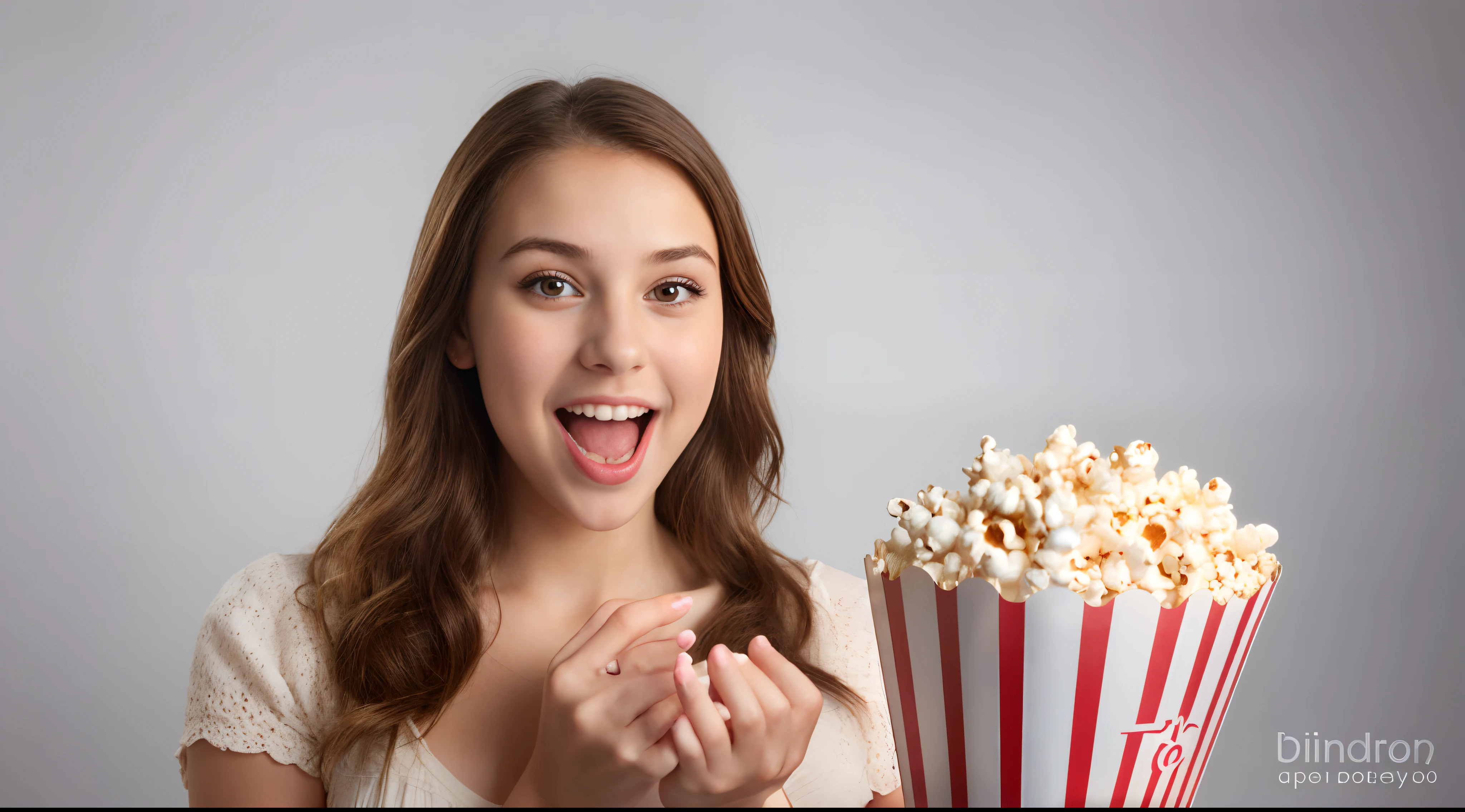 a beautiful young woman, happy and surprised, looking at the camera, holding a large movie popcorn, white solid background,