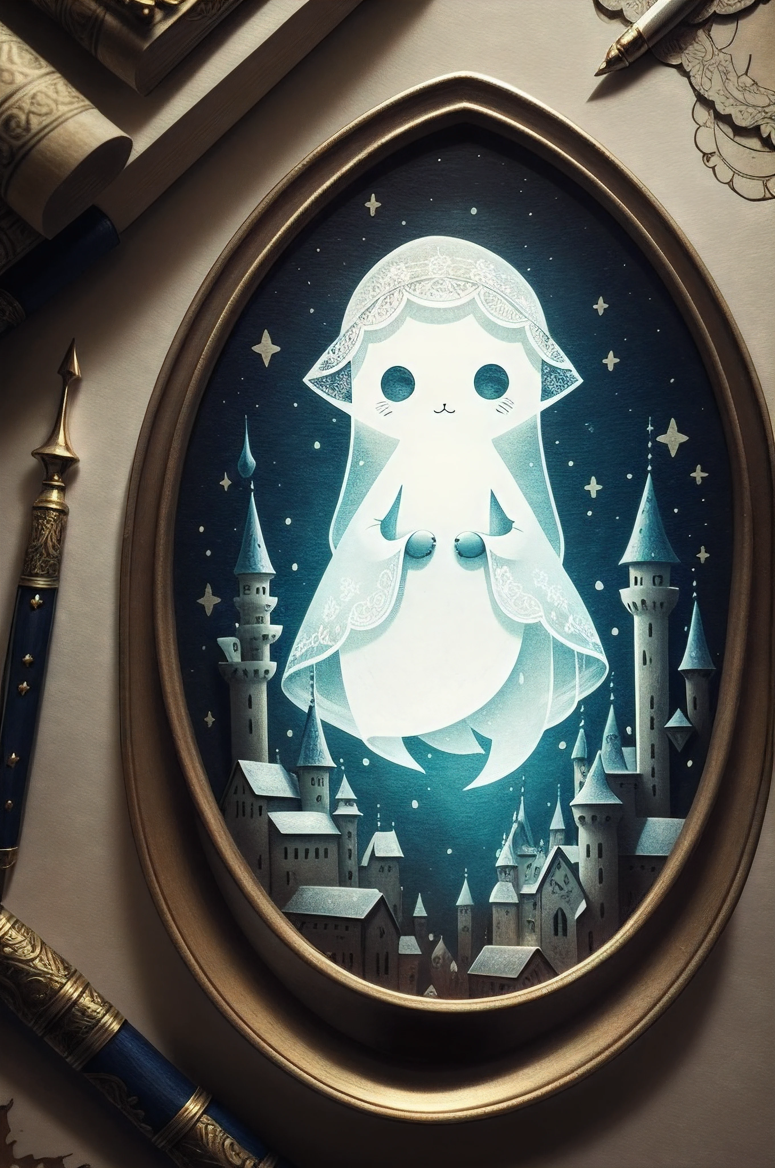 a little ghost , 2d, flat, cute, adorable, vintage, art on a cracked paper, fairytale, storybook detailed illustration, cinematic, ultra highly detailed , tiny details, beautiful details, mystica