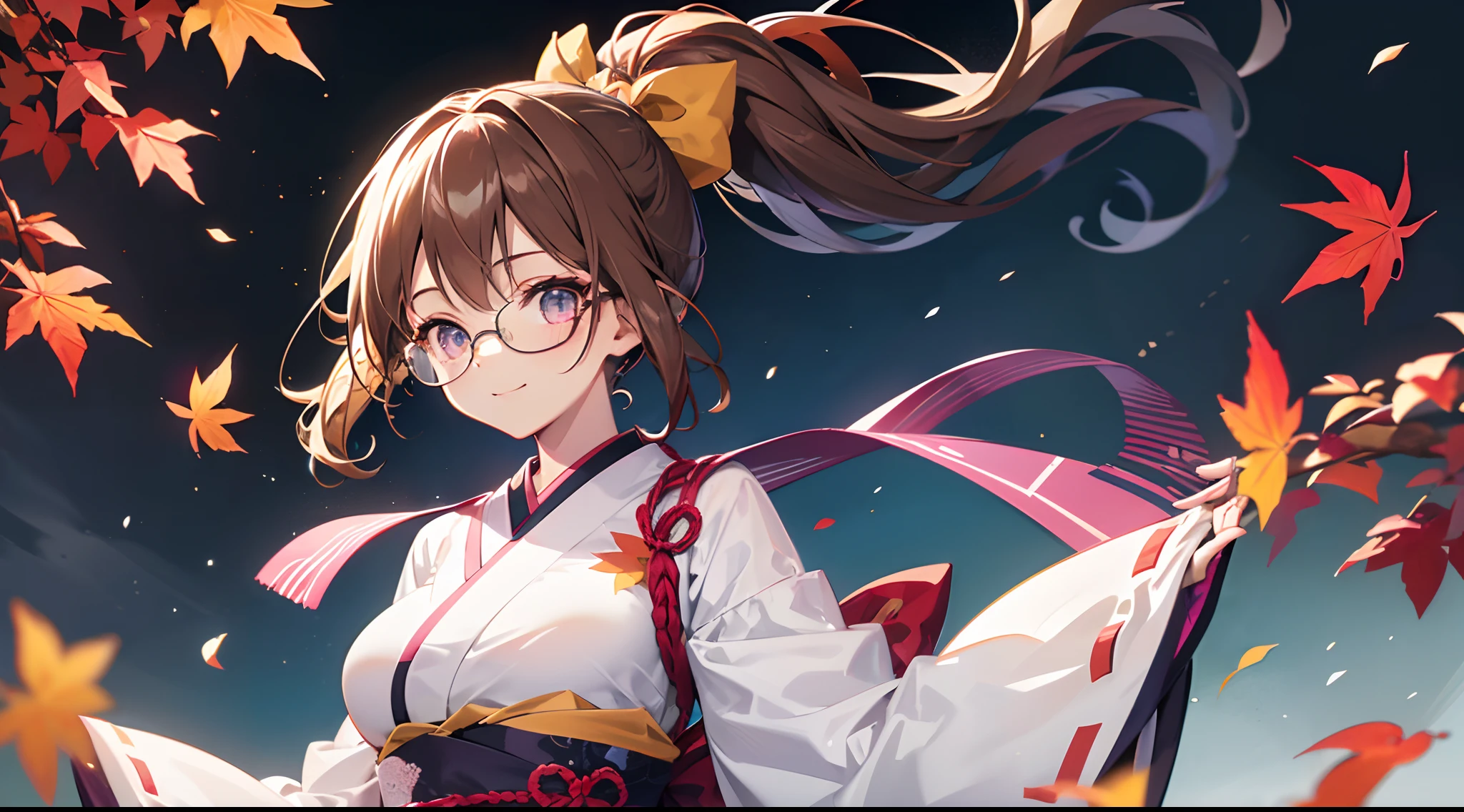 ((masutepiece)), ((Best Quality)), (Ultra-detailed), ((kawaii)), Cute, (lovely), (((Colored leaves))), ((Extremely detailed)), 4K, (8K), Best Quality, (Beautiful), Anime style, Upper body, full body focus, mont, Daytime, Autumn, Cute little girl s, 1girl in, Solo, Kimono, japanese cloth, Beautiful light brown hair, Beautiful purple eyes, ((Beautiful eyes)), White-skinned, Ponytail, Transparent hair, translucent hair, large full breasts, Glasses, ribon, Smile, lightsmile, Neon light, Wind-effect