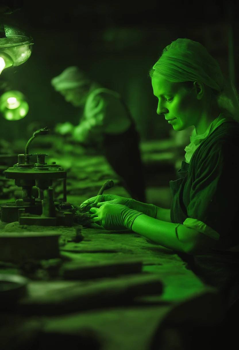 People working in an 19th century factory, dirty of glowing fluorescent green paint and you can see their bones glowing green beneath their skin like x-ray vision