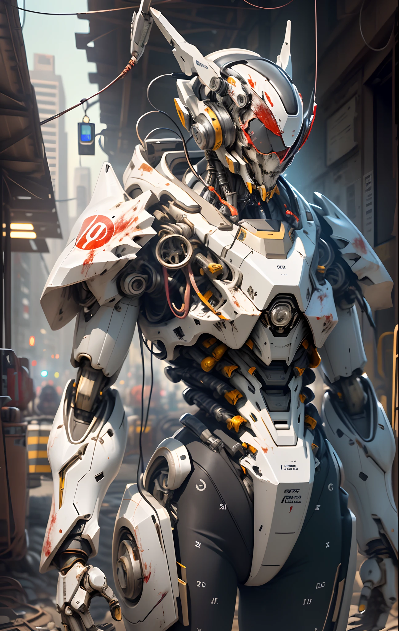 Blockbuster，tmasterpiece，super detailing，Dark_fantasy,Cyberpunk,(chainsaw,chainsawman,Red:1.1),1人,Mechanical Wonder,Robotic presence,cybernetic guardians,wearing a worn-out mech suit，iintricate，（Steel metal[rusted]），ellegance，Clear focus，Photo by Greg Rutkowski，gentlesoftlighting，vivd colour，tmasterpiece，（（the street）），cow boy shot，dynamicposes，8K，Wallpapers，超高分辨率
