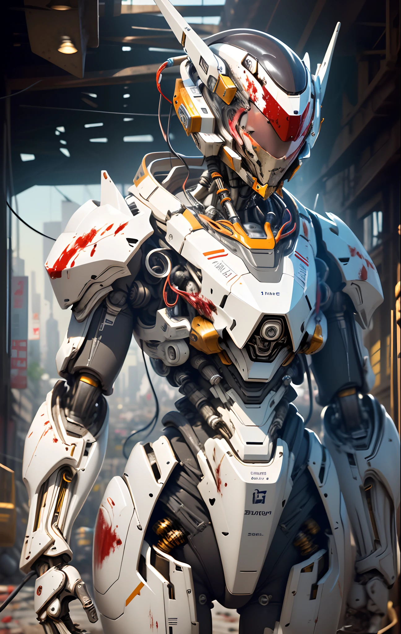 bulky exoskeleton  robot  , ((bulky)) armor,  mecha, ink, clean lines,  negative space, high contrast, gradient color,(((masterpiece))), ((best quality)), (ultra-detailed), (CG illustration), (an extremely devious and beautiful)), cinematic light, ((mechanical girl)), single, (machine-made joints: 1.4), ((mechanical limbs)), ( blood vessels attached to the tube), ((mechanical cervical vertebrae attached to the neck), (wires and cables attached to the head and body: 1.5), city ruin scenery