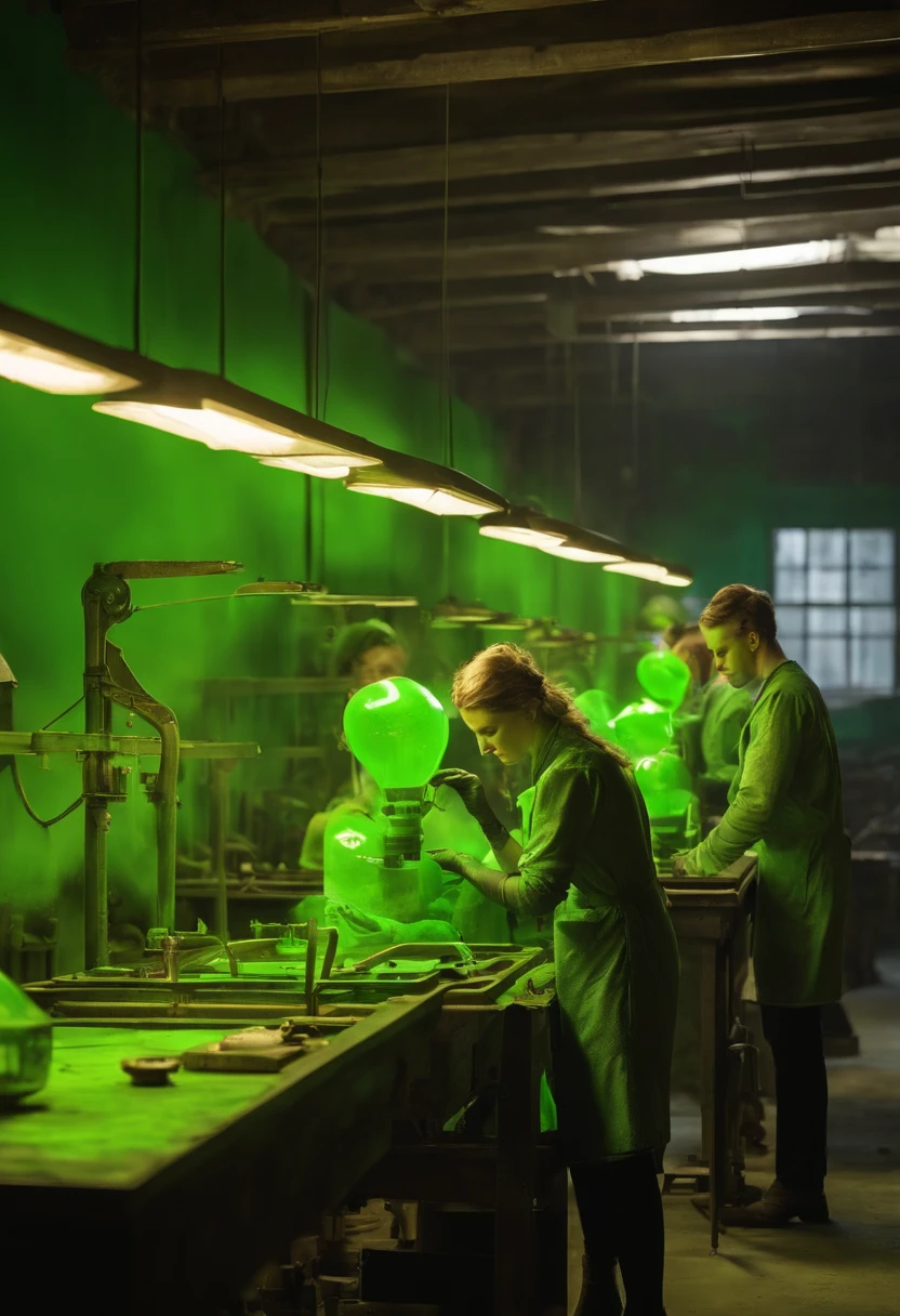 People working in an 19th century factory, dirty of glowing fluorescent green paint and you can see their bones glowing green beneath their skin like x-ray vision inspired by the story of the radium girls
