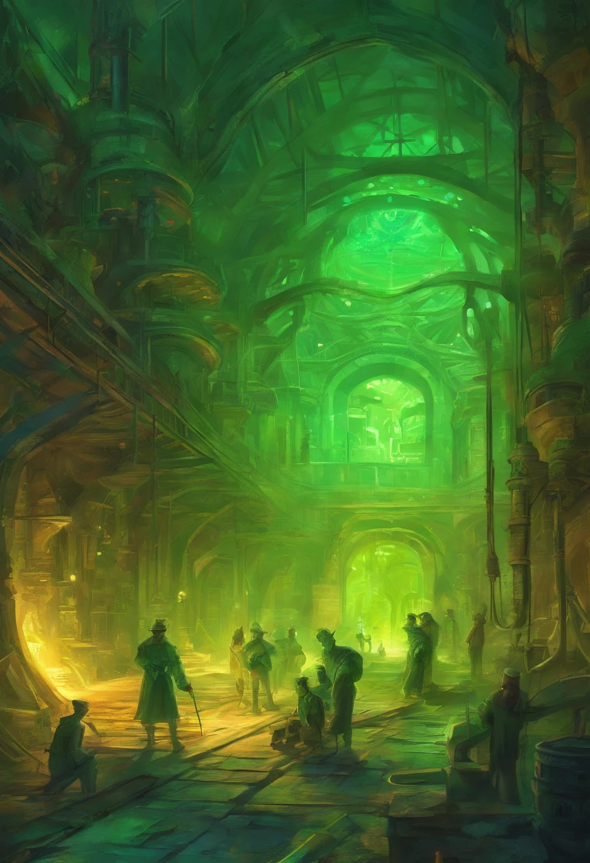 People working in an 19th century factory, dirty of glowing fluorescent green paint and you can see their bones glowing green beneath their skin like x-ray vision