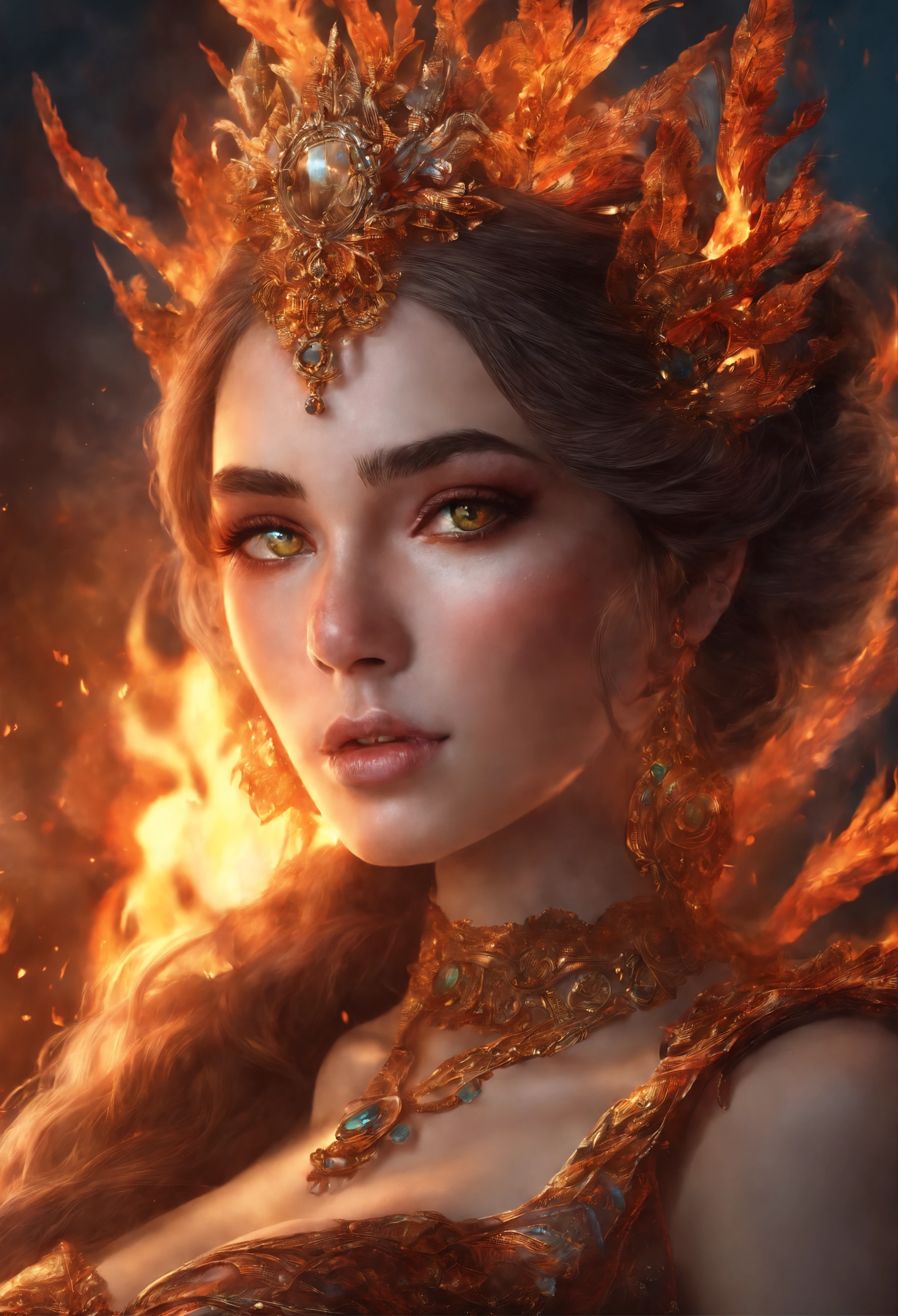 This is a realistic fantasy artwork prominently featuring realistic fire, including wisps of flames, glowing hot embers, subtle curls of smoke, and a beautiful fire druid. The druid stands in the midst of a raging inferno with an interesting composition. Her face is expertly sculpted, with elegant and refined features and perfect shading and realistic skin texture. Her (orange and gold eyes) are stunning and are the focal point of this image. (((Her eyes extremely detailed, beautiful detailed eyes, and macro))). Her eyes feature intricate detailing with clearly defined irises and bright sclera. Her soft lips are smooth and very puffy, and her skin is adorned with a light flush and ornate fire detailing. Her long gown is stunning and expensive, and is made of pure flames and glittering, ornate jewels that glimmer in the fire light. Her billowing gown glitters from the flames and features a delicately and intricately embroidered bodice with wisps of flames running across it. Include fantasy elements like bumps, stones, fiery iridescence, glowing embers, silk, and an interesting background. Include fiery magical creatures such as fiery birds and fiery butterflies that give off a magical and mystical aura. Lighting: Utilize the latest trends in lighting to enhance the artwork's beauty. Camera: Utilize dynamic composition to create a sense of urgency and excitement. Take inspiration from the current masters of the fantasy genre, including trending artists on Artstation and Midjourney. ((masterpiece))