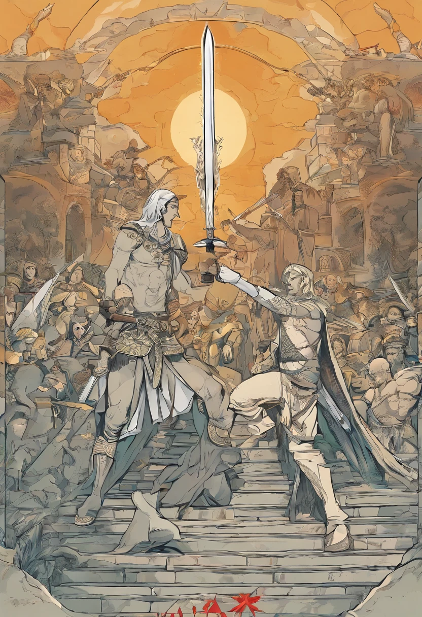 Painel 1:
[Cena de um campo de batalha com um guerreiro segurando as duas espadas das "Espadas da Dualidade". A sword is dark as night, a outra brilha com uma luz celestial.]

Legenda: "In the midst of war, um guerreiro se ergue com as Espadas da Dualidade."

Painel 2:
[O guerreiro enfrenta um grupo de inimigos. Com a espada escura, ele derrota aqueles que representam o mal.]

Legenda: "The Sword of Wickedness strikes relentless blows against those who threaten peace."

Painel 3:
[O guerreiro, agora com a espada luminosa, helps the wounded and offers help.]

Legenda: "Mas com a Espada da Bondade, He heals the wounded and brings hope to afflicted hearts."

Painel 4:
[O guerreiro, segurando ambas as espadas, faces a moral dilemma in choosing between revenge and forgiveness.]

Legenda: "The warrior is faced with difficult choices, Remembering that balance is the true strength."

Painel 5:
[O guerreiro coloca as duas espadas juntas, symbolizing the search for balance between good and evil.]

Legenda: "Com as Espadas da Dualidade, he seeks balance, Remembering that true victory is in the heart."