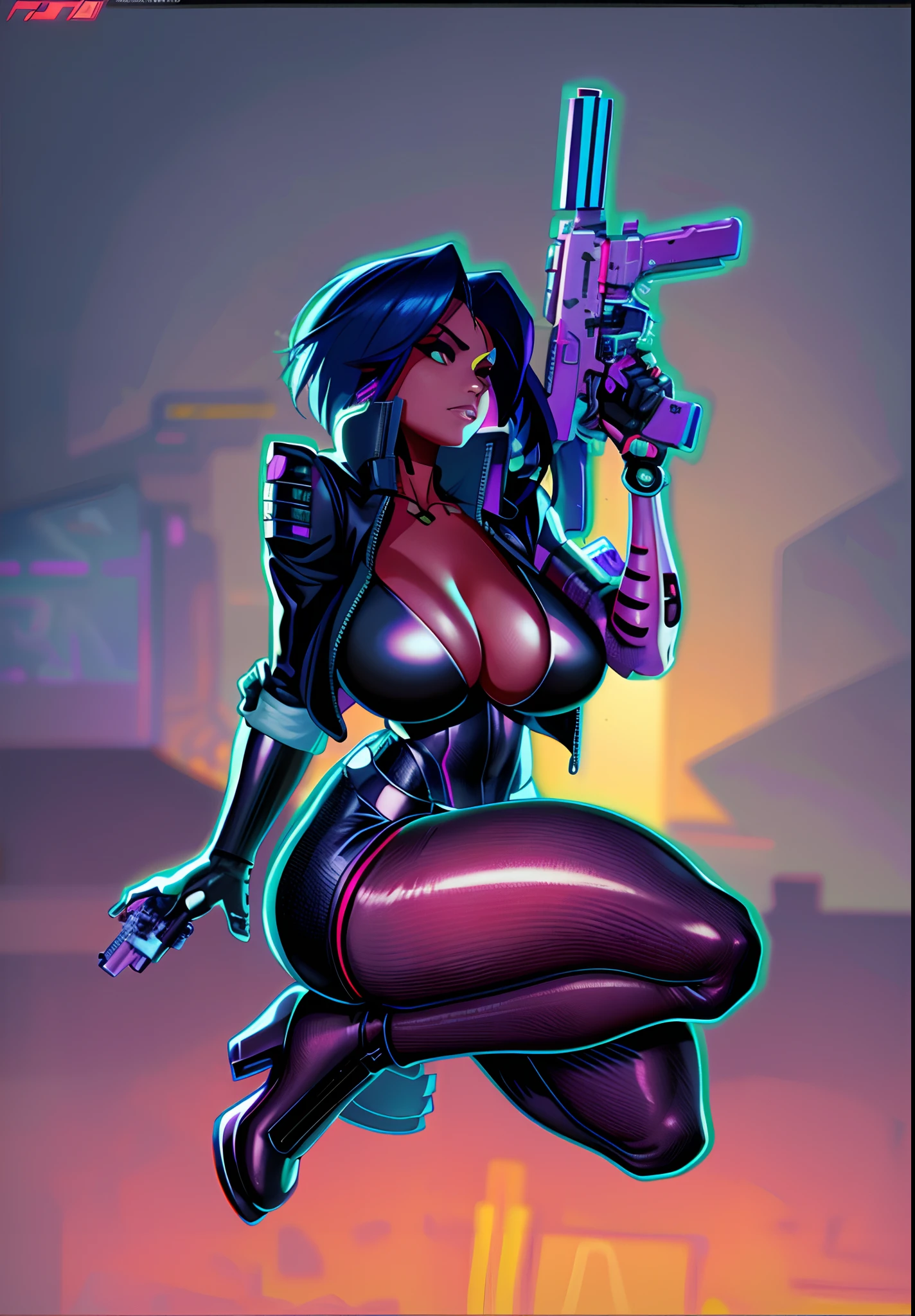 a cartoon picture of a woman with a gun in her hand, cyberpunk judy alvarez, ghost in the shell style, ghost in the shell art style, cyberpunk angry gorgeous goddess, oppai cyberpunk, cyberpunk femme fatale, in cyberpunk style, jet black haired cyberpunk girl, cyberpunk art style, cyberpunk 2 0 y. o model girl, cyberpunk jackie welles