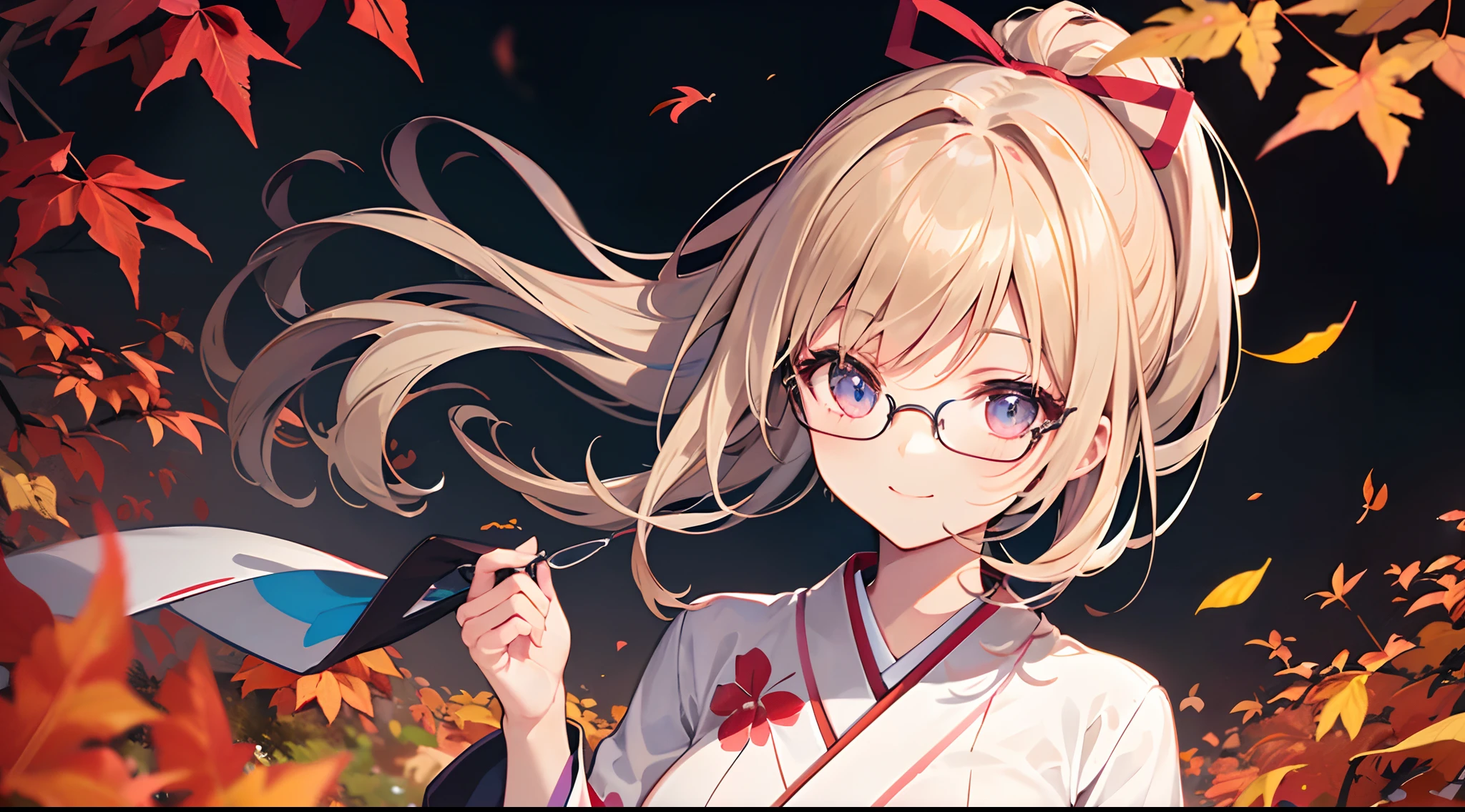 ((masutepiece)), ((Best Quality)), (Ultra-detailed), ((kawaii)), Cute, (lovely), (((Colored leaves))), ((Extremely detailed)), 4K, (8K), Best Quality, (Beautiful), Anime style, Upper body, full body focus, mont, Daytime, Autumn,  s, 1girl in, Solo, Kimono, japanese cloth, Beautiful light brown hair, Beautiful purple eyes, ((Beautiful eyes)), White-skinned, Ponytail, Transparent hair, translucent hair, large full breasts, Glasses, ribon, Smile, lightsmile, Neon light, Wind-effect