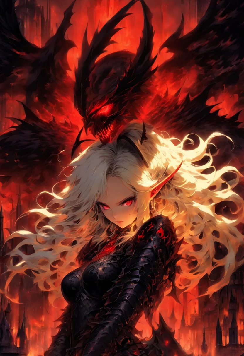 The most beautiful and sexy demon goddess, long white hair, glowing red eyes, wearing detailed black gothic battle armor, black angel wings, huge nude tits exposed and showing, vagina nude exposed and showing, tattoos and piercings, gothic castle, perfect masterpiece, high quality, high resolution