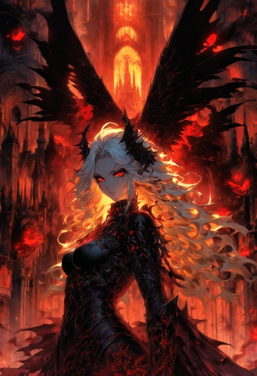 The most beautiful and sexy demon goddess, long white hair, glowing red eyes, wearing detailed black gothic battle armor, black angel wings, huge nude tits exposed and showing, vagina nude exposed and showing, tattoos and piercings, gothic castle, perfect masterpiece, high quality, high resolution