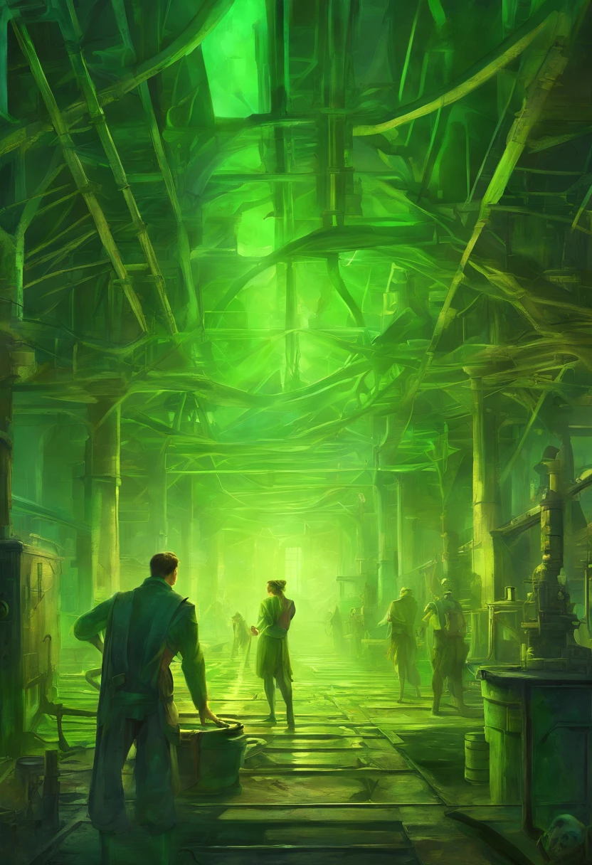 People working in an dark 19th century factory, dirty of glowing fluorescent green paint and you can see their bones glowing green beneath their skin like x-ray vision inspired by the radium girls story