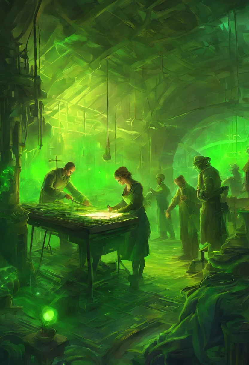 People working in an dark 19th century factory, dirty of glowing fluorescent green paint and you can see their bones glowing green beneath their skin like x-ray vision inspired by the radium girls story