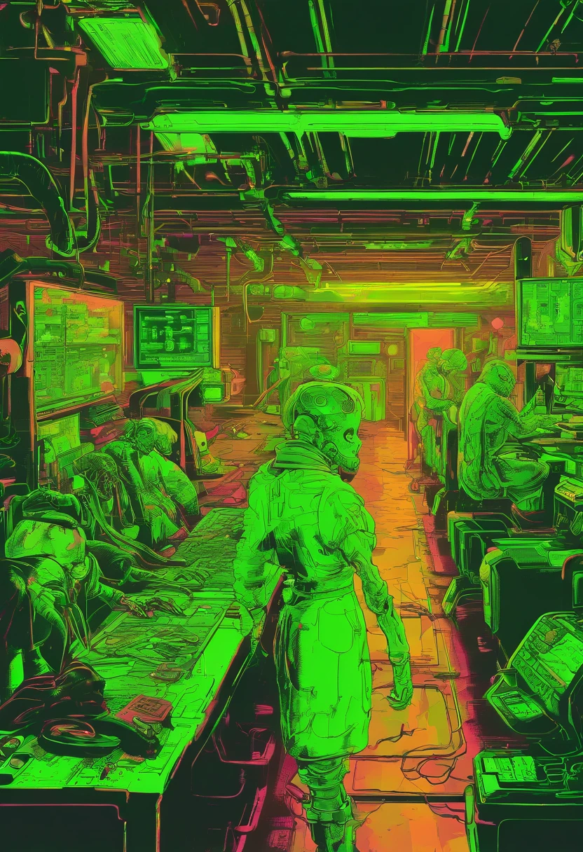 People working in an dark 19th century factory, dirty of glowing fluorescent green paint and you can see their bones glowing green beneath their skin like x-ray vision inspired by the radium girls story