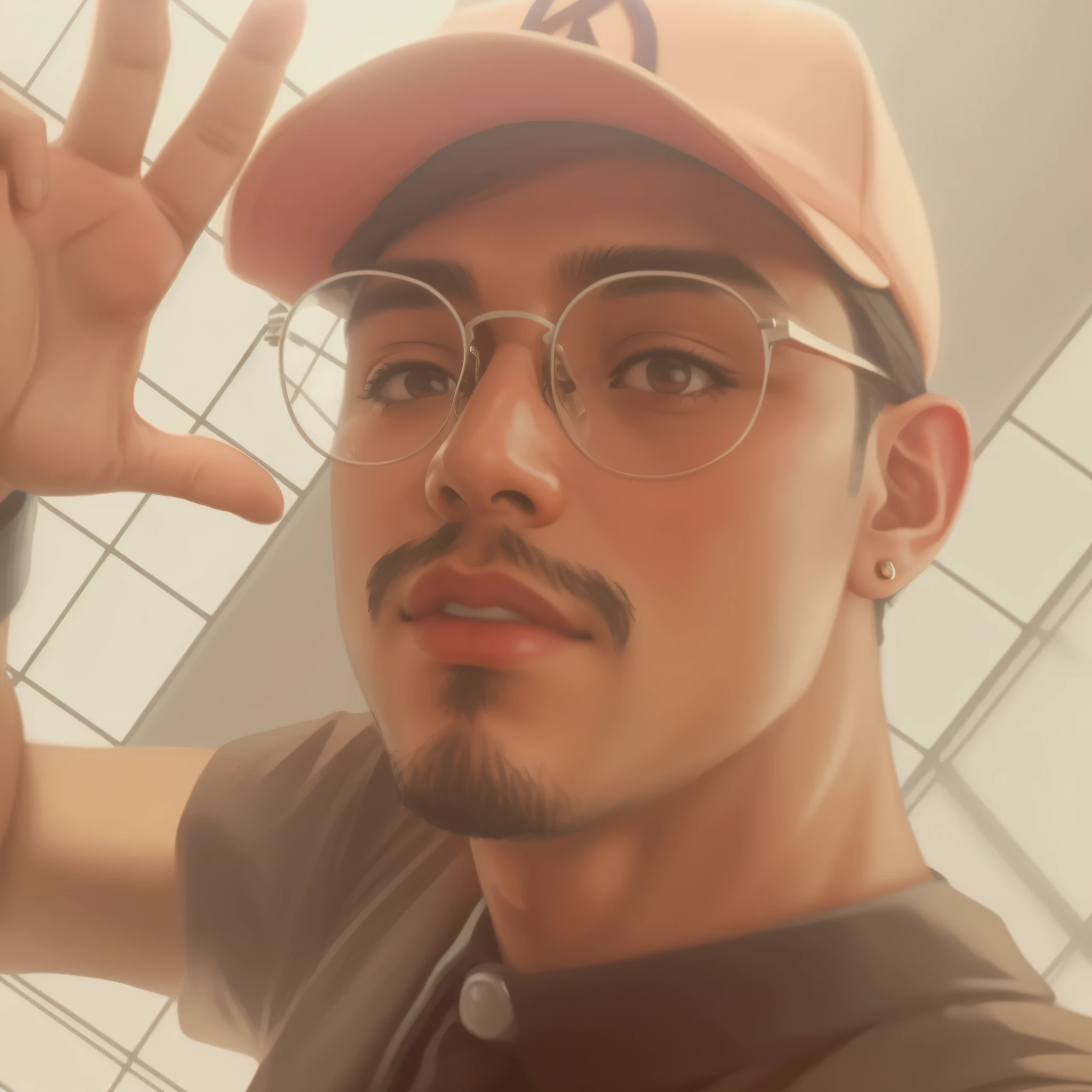 There is a man in a hat and glasses making a peace sign, foto de perfil, estilo anime, estilo dos desenhos animados, 8K Artgem Bokeh, estilo cyberpunk hiper-realista, estilo anime misto