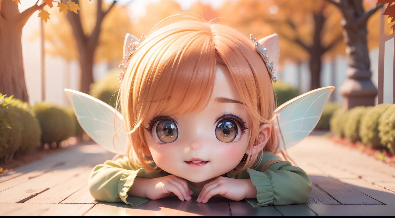 Cute Baby Chibi Anime,(((Chibi 3D))) (Best Quality) (Master Price)、(Chibi Fairy:1.3)、sprawl、Open your mouth and smile、Cheek down pose、A detailed face、Fairytale autumn forest in the morning sunshine、a small face