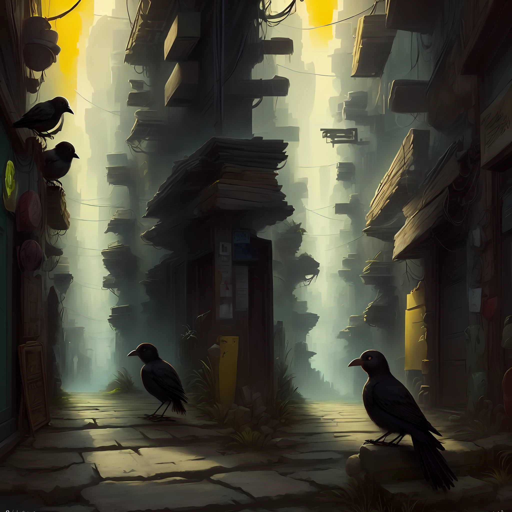 A small black bird with green eyes and yellow beak reading a book in one of the alleys of ancient Greece