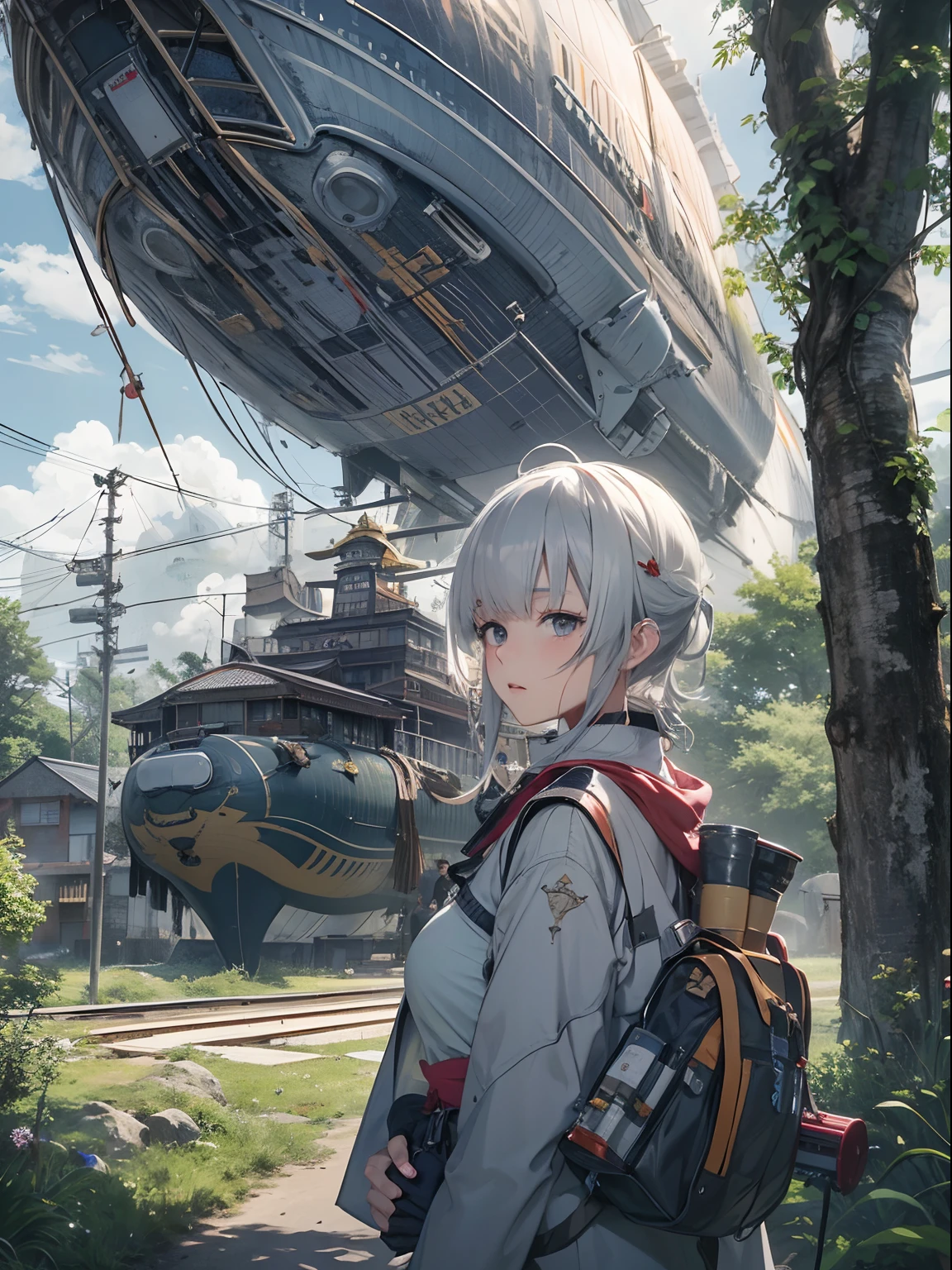 1boy,Man's ,Cyberpunk Boy、silber hair、Spiky hairstyle、Sword,machine gun、bow and arrow、Whole body bloody、The beginning of the adventure、(Very large airship:1.5)、Magic Hour with Clouds,ruined and devastated city、Complex Japan buildings、school buildings、temple、shrines、railroad crossing、Bus stop、Trees、Warm lighting、puddles、Good old Japan landscape、Beautiful and fantastic summer landscape、Cinematic scenery、hightquality、masutepiece,8K、hight resolution、ultra-detailliert,