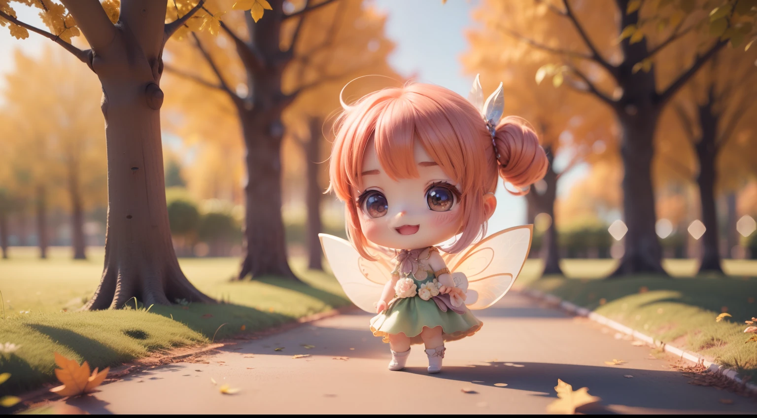 Cute Baby Chibi Anime,(((Chibi 3D))) (Best Quality) (Master Price)、(Chibi Fairy:1.3)、sprawl、Open your mouth and smile、Cheek down pose、A detailed face、Fairytale autumn forest in the morning sunshine、a small face、View from the side diagonally