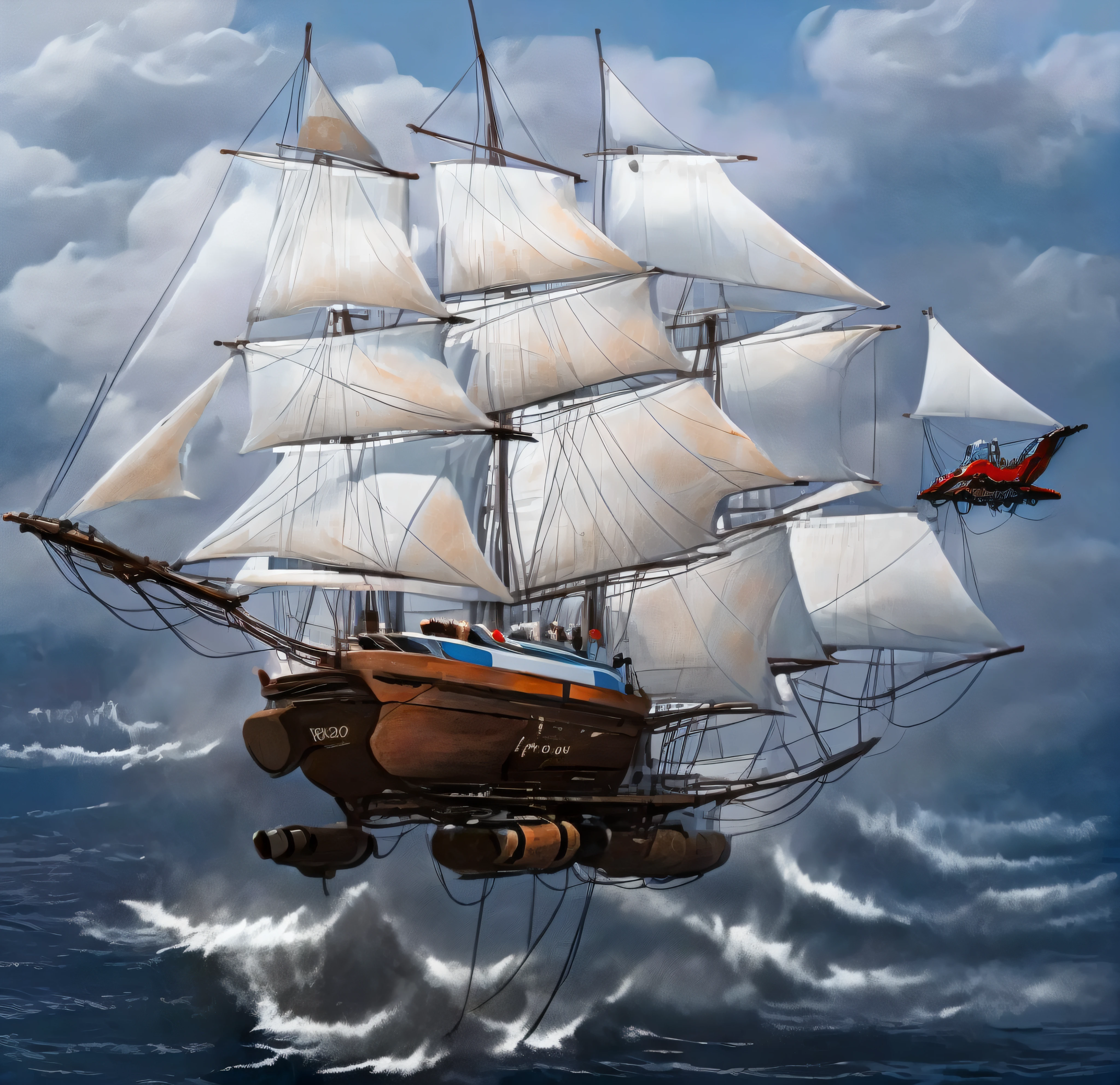 Super velero futurista, con casco blanco, It has three masts and a multitude of sails and is flying among the multicolored clouds and while down in a very rough sea huge threatening waves crashing against the cliffs